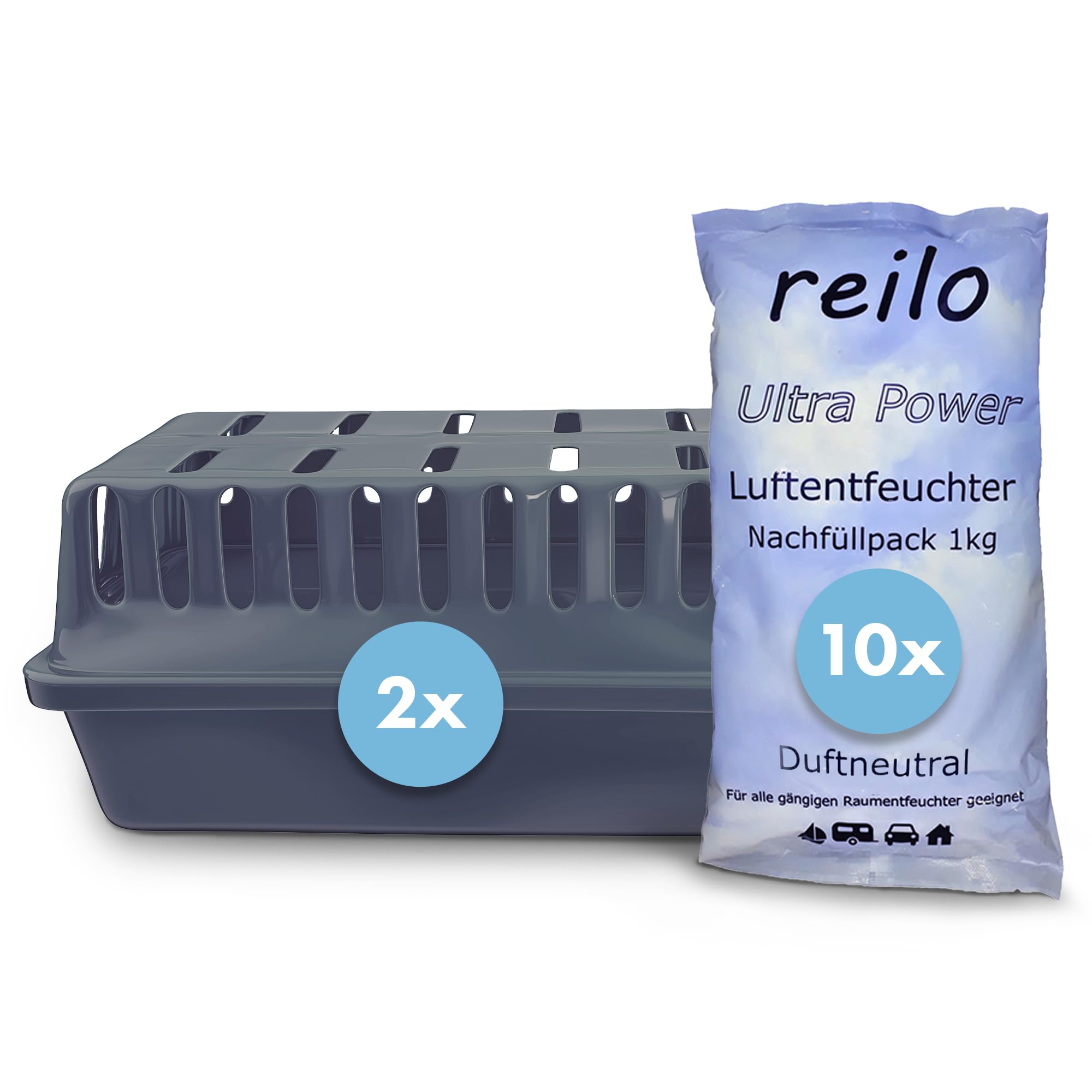 2x XXL Raumentfeuchterbox und 10x 1kg Ultrapower Luftentfeuchtergranulat, Luftentfeuchter-Komplettset, Raumentfeuchter im Vliesbeutel, Staffelpreis, für Auto, Schlafzimmer, Keller