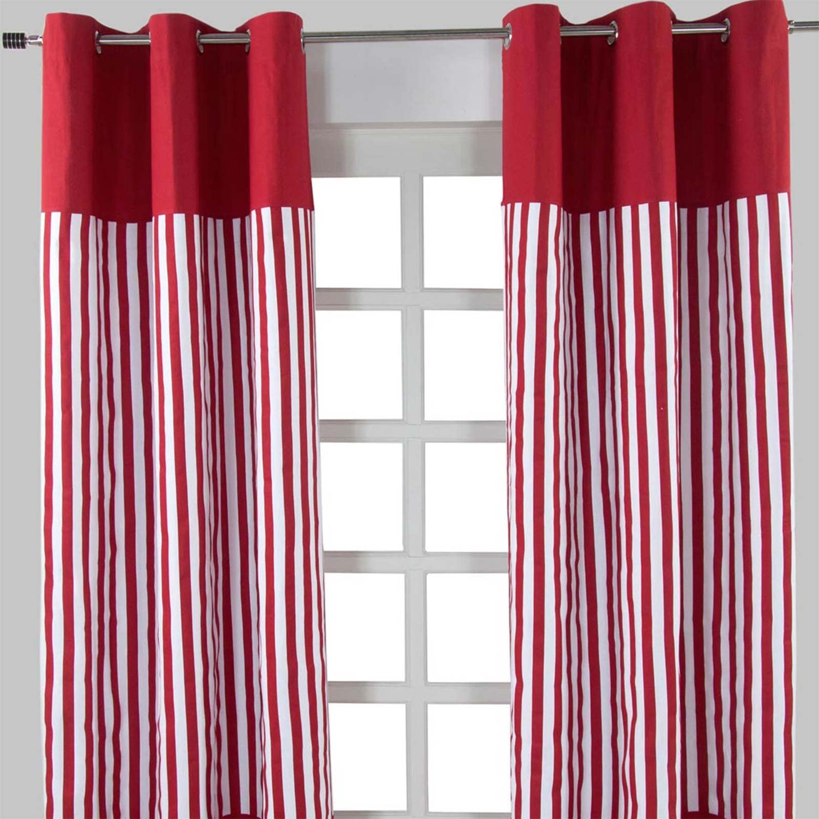 Homescapes Red - 1” Thick Stripe - Eyelet Curtain Pair 137Cm (54") Wide X 182Cm (72") Drop 100% Cotton Ring Top Striped Curtains