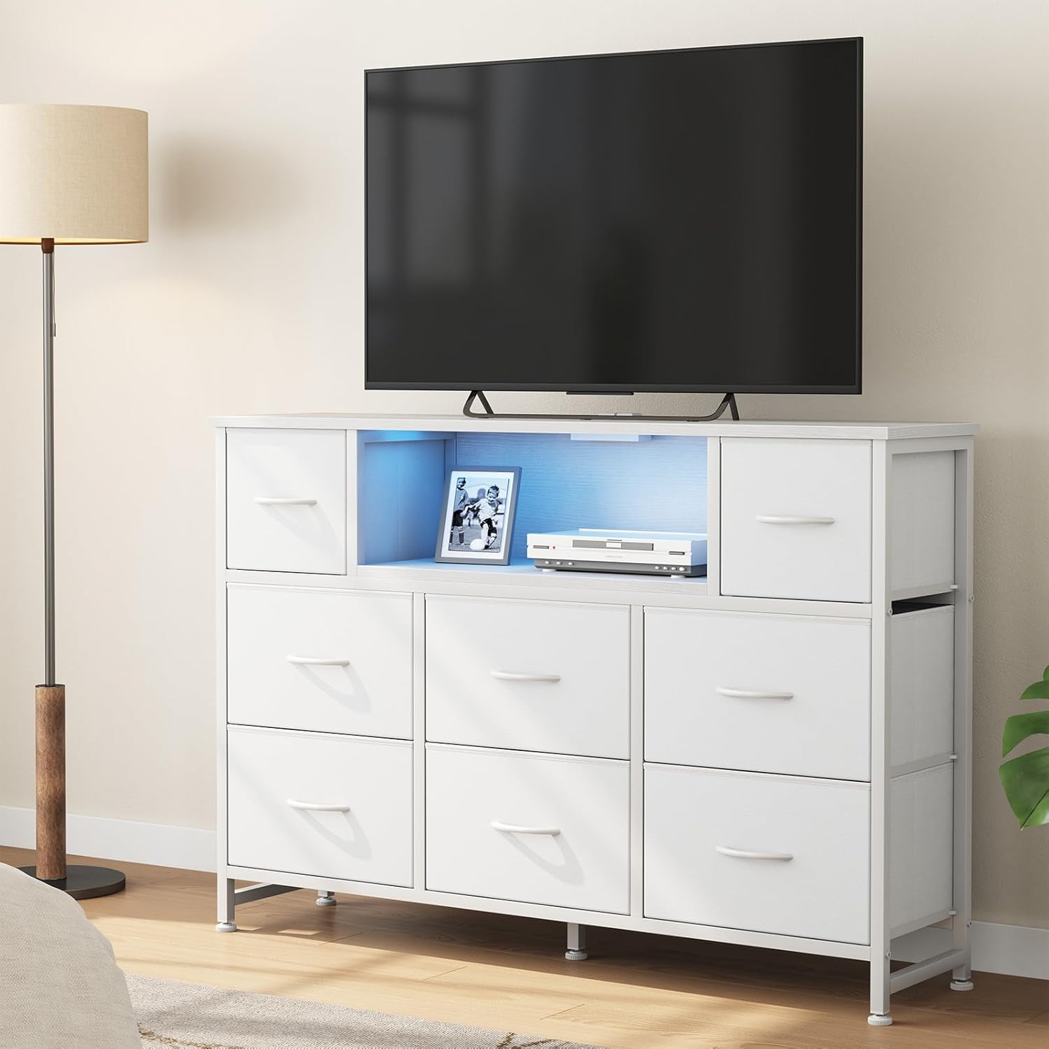 DUMOS TV Stand Dresser with 8 Fabric Drawers and Open Shelves, LED Entertainment Center with Charging Station, Wood Top Media Console for 45-55 inch, Bedroom, White