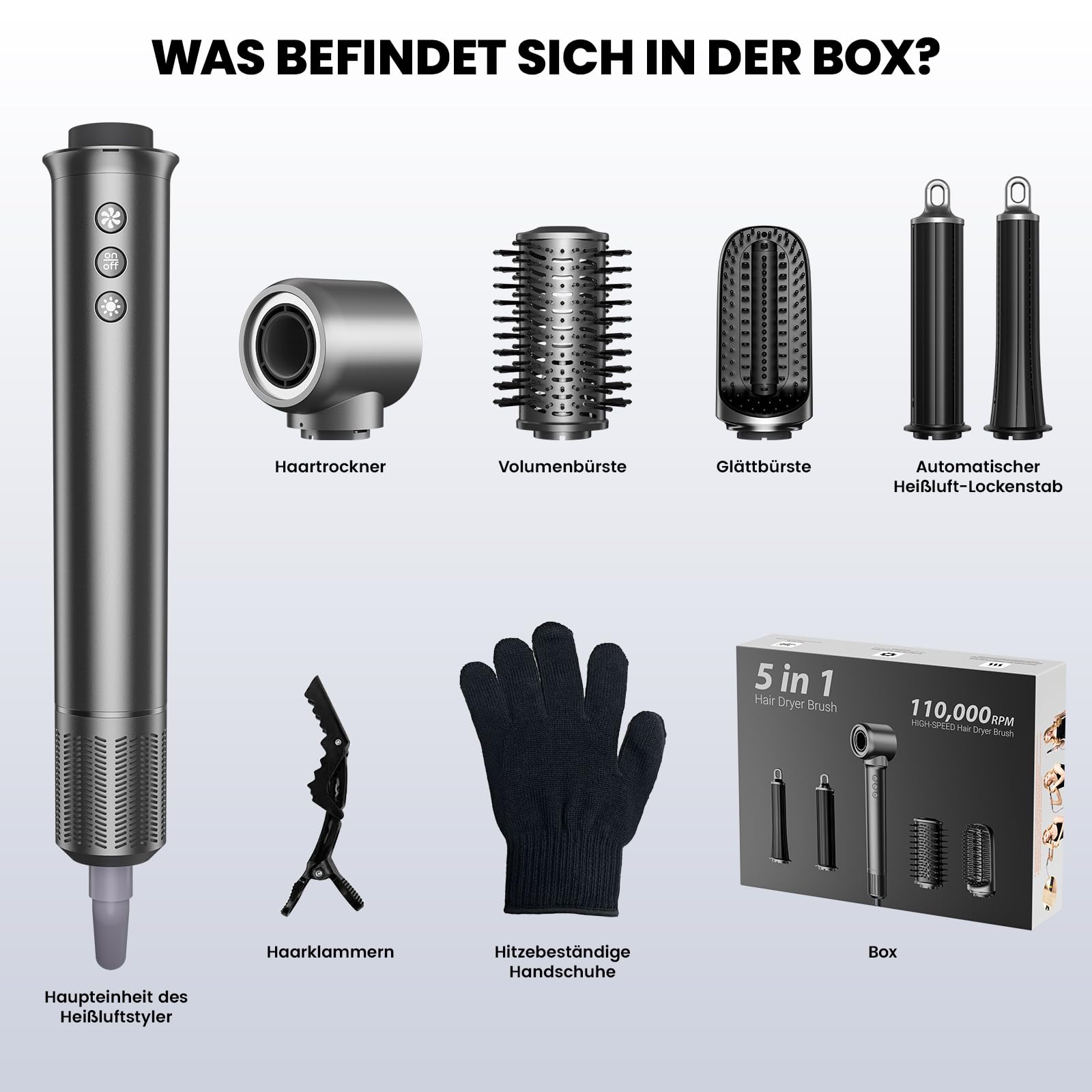 MANKIW 5 in 1 Airstyler Set,Heißluftstyler & Warmluftbürste mit 110.000 U/Min Hochgeschwindigkeitsmotor, Wirbelluft-Technologie, 500 Mio. Ionen, Automatischer Lockenstab, Glättbürste & Volumenstyler