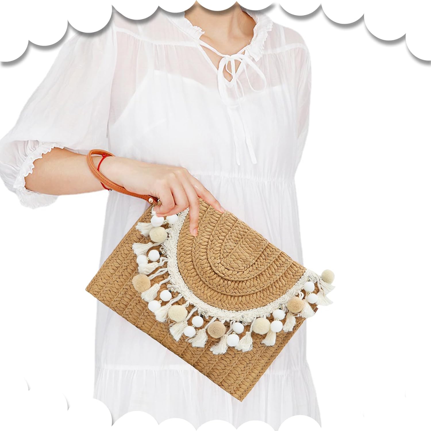 Bohemian Straw Beach Bag, Crossbody Bags for Women, Tassels and Hair Halls Clutch Purses, Handmade Woven Purse, Tassel Handbags for Vacation, Travel, Daily Matching(Khaki)