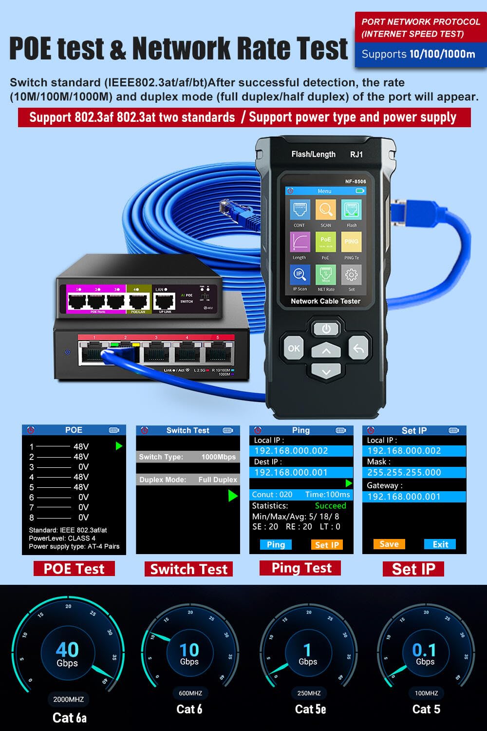 NF-8506 Network Cable Tester - IP Scan, PoE & Ping Test, Network Rate Check | Compatible with CAT5/CAT6, RJ11/RJ45 | Cable Toner & Telephone Finder TDR Multifunctional LAN Ethernet Cable Tester