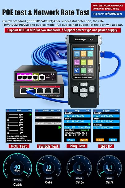 NF-8506 Network Cable Tester IP Scan PoE & Ping Test Network Rate Check | Compatible with CAT5/CAT6 RJ11/RJ45 Cable Toner & Telephone Finder TDR Multifunctional LAN Ethernet Cable Tester