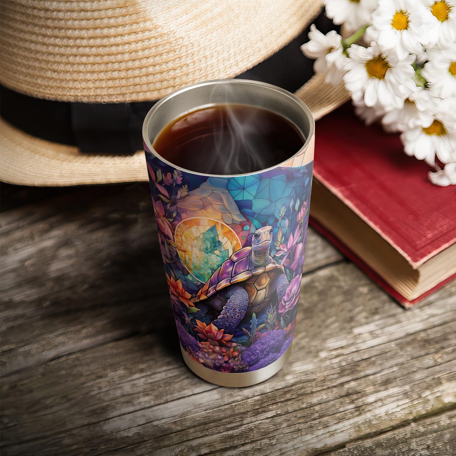 20oz Purple Stained Glass Flower Sea Turtle Tumbler, Gifts for Turtle Lovers, Ocean, Beach Gifts, Coffee Tumbler for Women, Stainless Steel Double Wall Vacuum Insulated Coffee Mug, Travel Cup with Lid