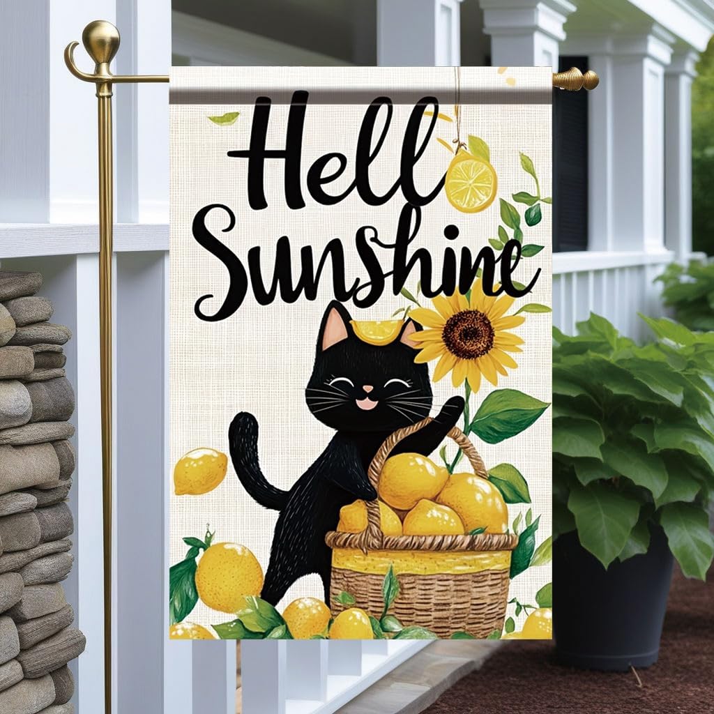 Hello Sunshine Cat Garden Flag 12x18 Inch Double Sided Outdoor Yard Banner Black Cat Lemon Basket Sunflower Design Summer Welcome Decoration for Porch Patio Lawn Garden Home Decor
