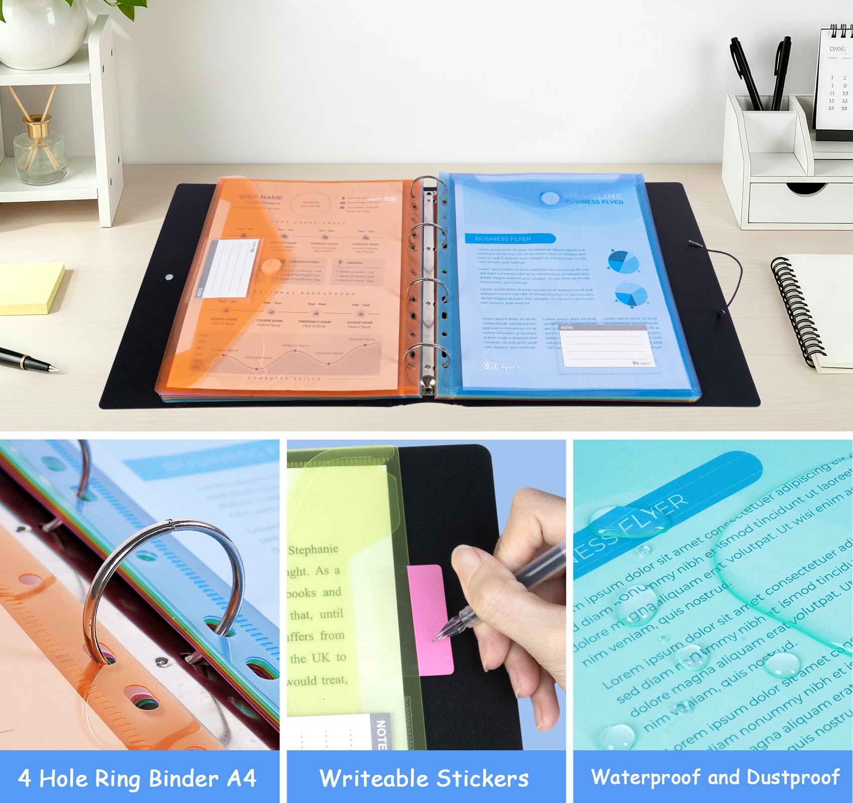 Agoer Classeur à Anneaux A4 noir avec 12 Pochettes Plastique en 6 Couleurs, Intercalaires en Plastique, étiquettes Inscriptibles et Porte-cartes, Présentoir Parfait pour les Présentations, Organiseur
