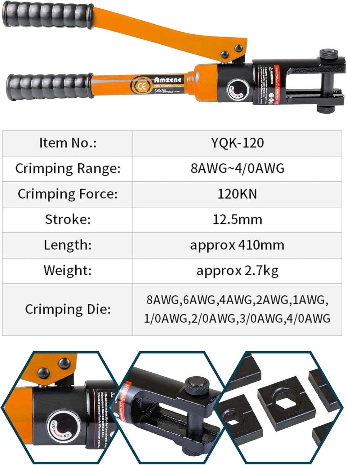 AMZCNC Hydraulic Crimping Tool - 12T Crimping Force, 9 Pairs of Standard US cable Dies (8AWG-4/0AWG) - Professional Grade Battery Cable Crimper for Secure Connections, Electrical Projects, and More