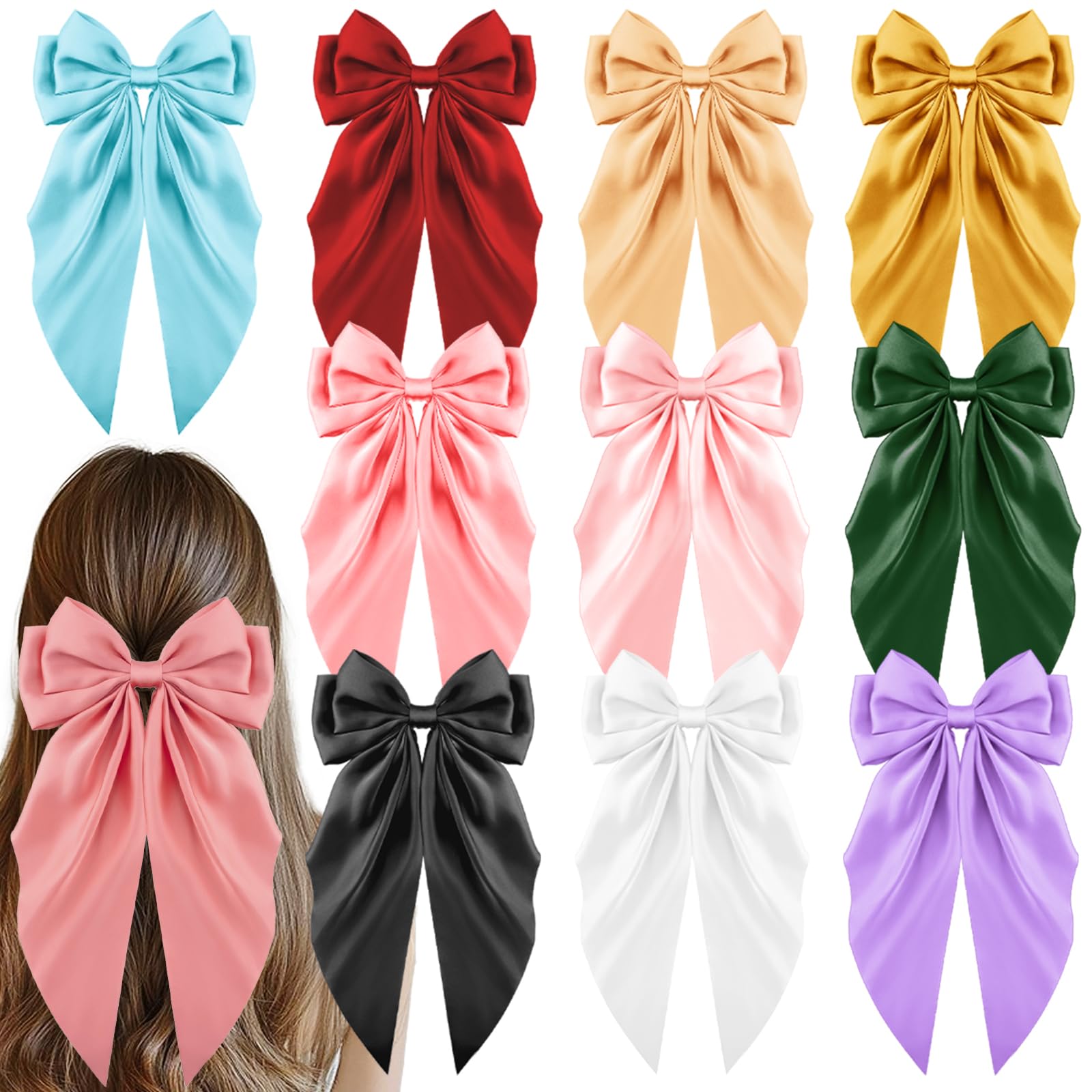 TUBIAN 10 lazos grandes de satén para el cabello para mujeres y niñas, pinzas para el pelo de cola larga, cintas de gran tamaño, pasadores de lazo para cabello grueso y fino, accesorios elegantes para