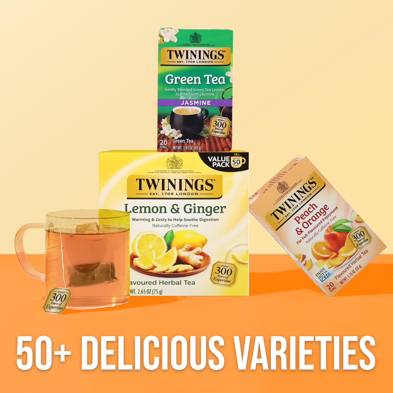 Twinings Peach & Orange Herbal Tea Individually Wrapped Bags, 20 Count (Pack of 6), Juicy & Fruity, Naturally Caffeine-Free, Enjoy Hot or Iced, 120 Teabags