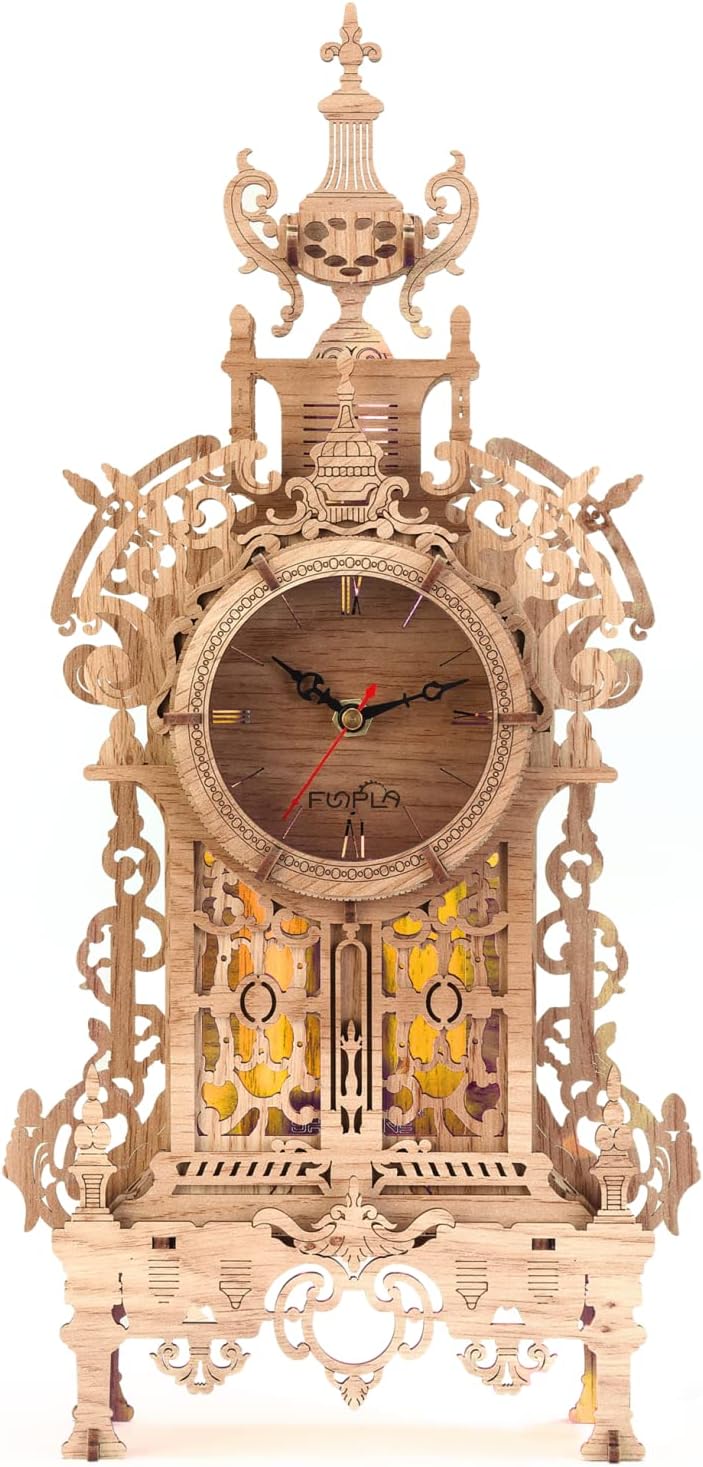 FUNPOLA 3D Wood Puzzle LED Tower Clock, 3D Puzzle Building Desktop Clock Model DIY Architectural Building Blocks (LED-TC01 Wood)