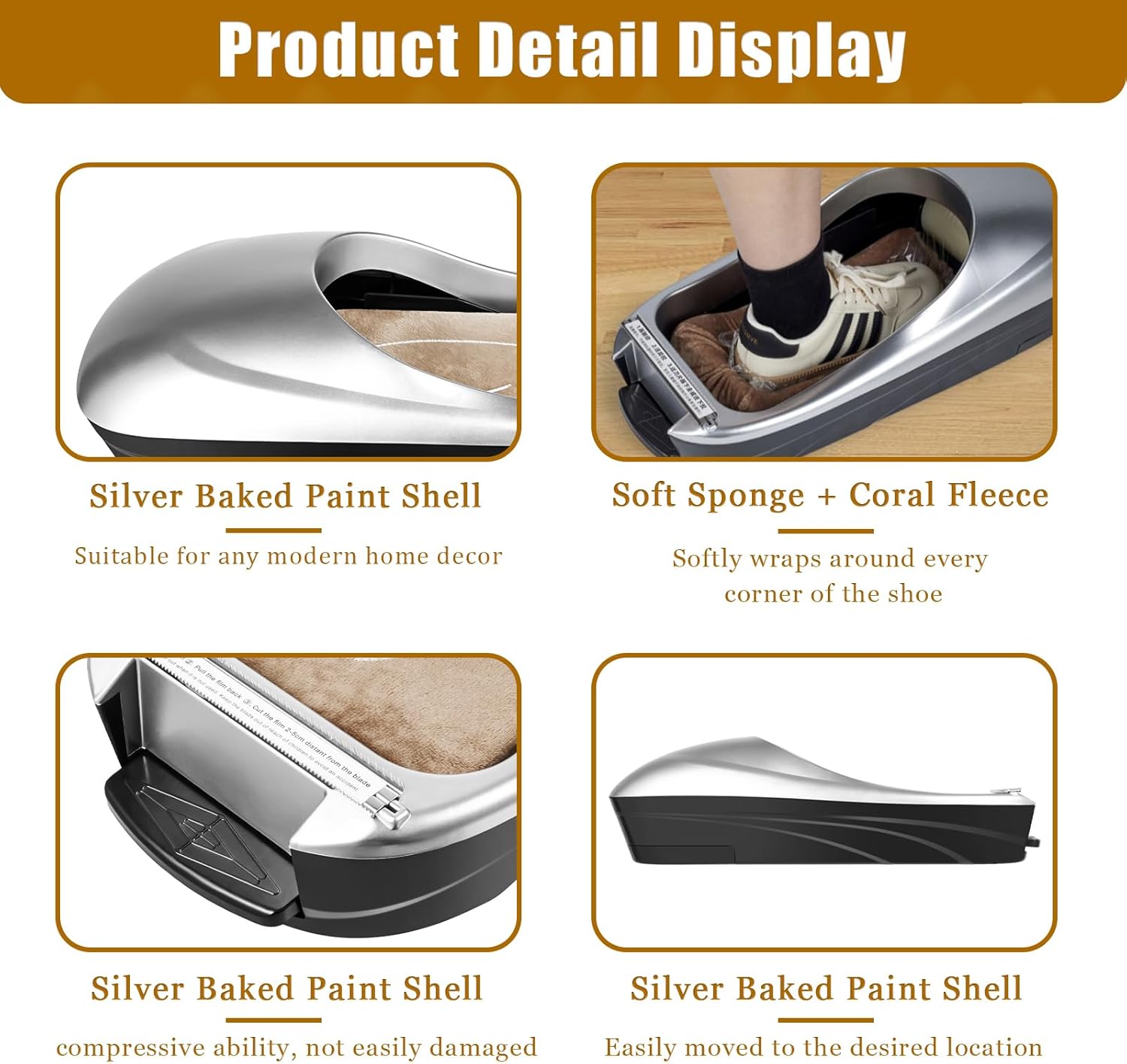 Automatic Shoe Cover Dispenser Machine with Overshoe Film – Silver, Non-Electric, Stainless Steel Serrated Blade, 500 Uses, Fits Up to US Size 11 – Ideal for Home, Office, Lab, Hotel, Exhibition