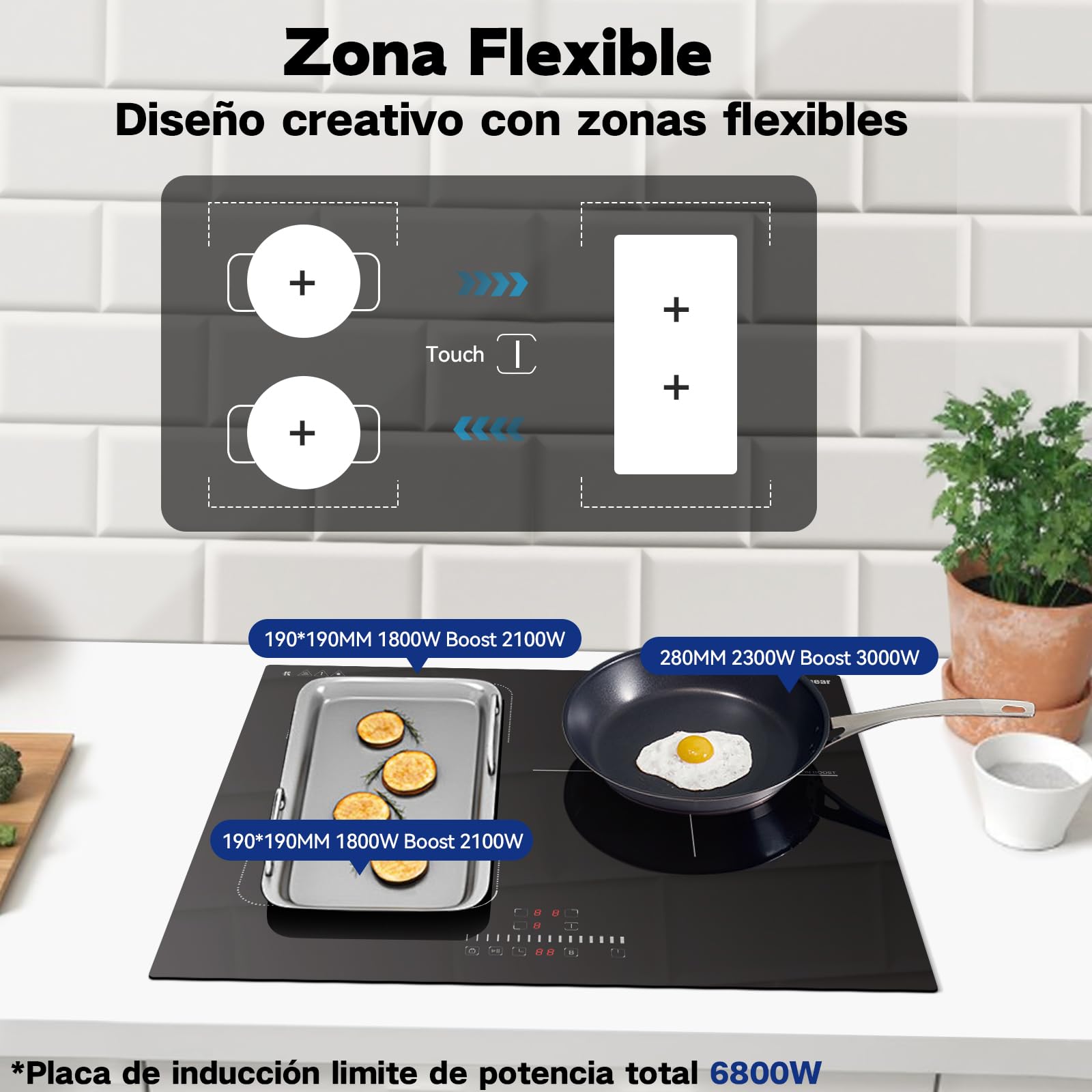 Placa Induccion 3 Fuegos con Zona Flexible, Inducción Integrada 60CM, 6800W