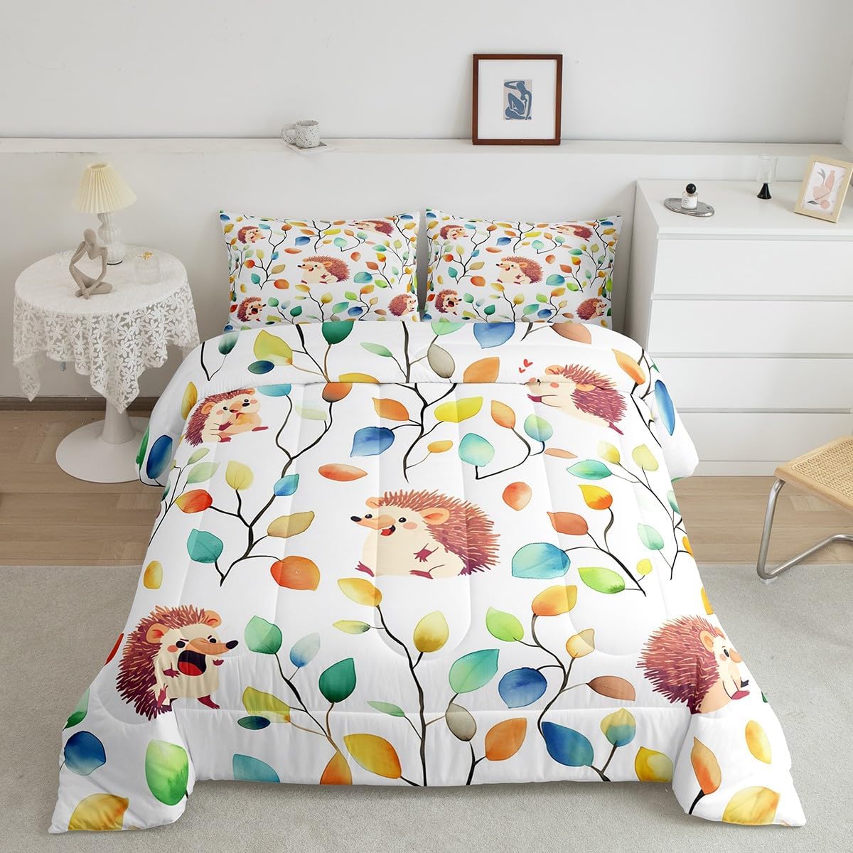 Erosebridal 7Pcs Cute Hedgehog Bedding Comforter Sets for Kids Boys Girls Boho Floral Bed in a Bag, Colorful Leaves Twin Bedding Sets Abstract Watercolor Plant Comforter Set, Wild Animal Bedding Sets