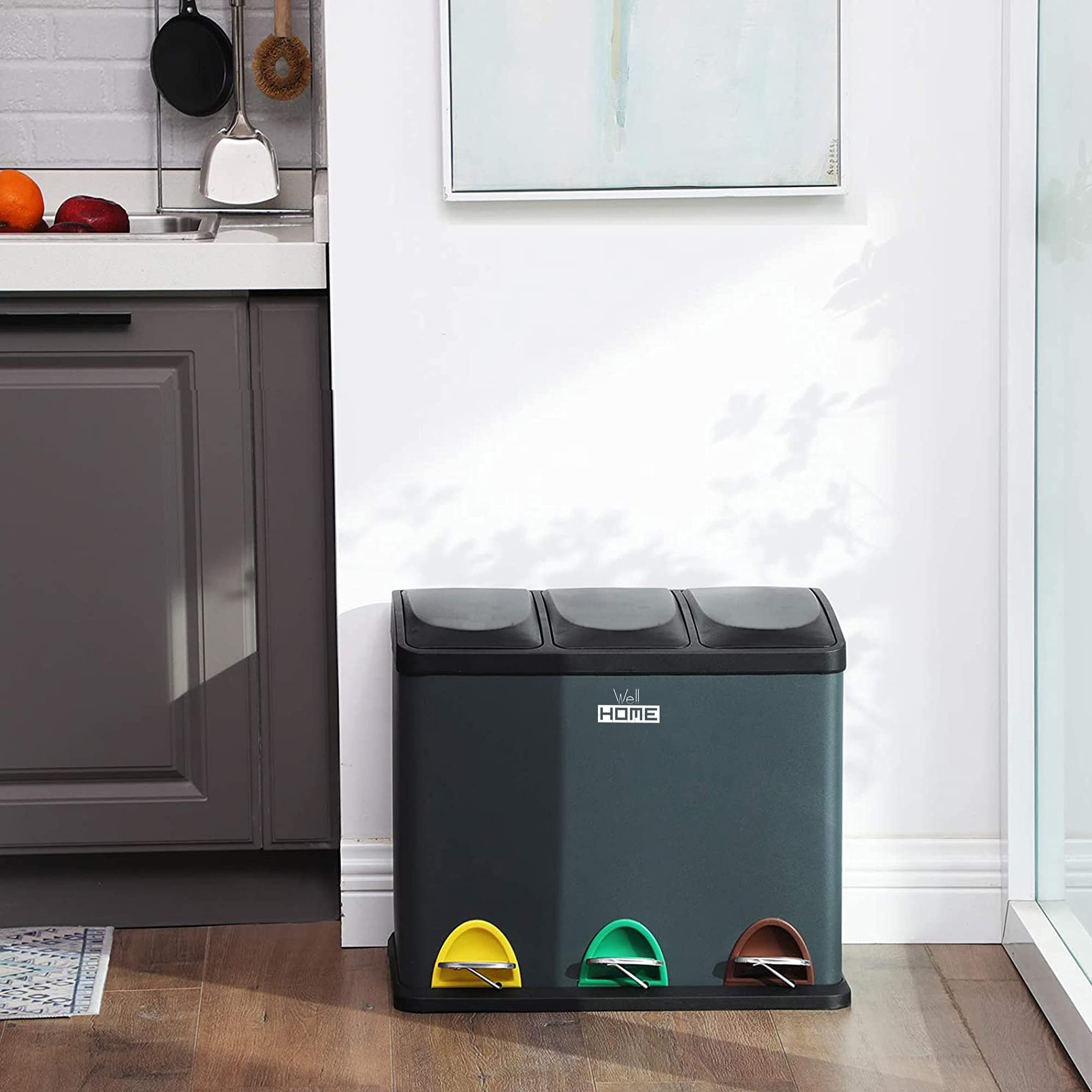 Cubo de reciclaje ecológico 45 litros de 3 compartimentos, reciclaje de basura / cubos de reciclaje, Gran Capacidad, para Papel, Vidrio y Plástico, Id