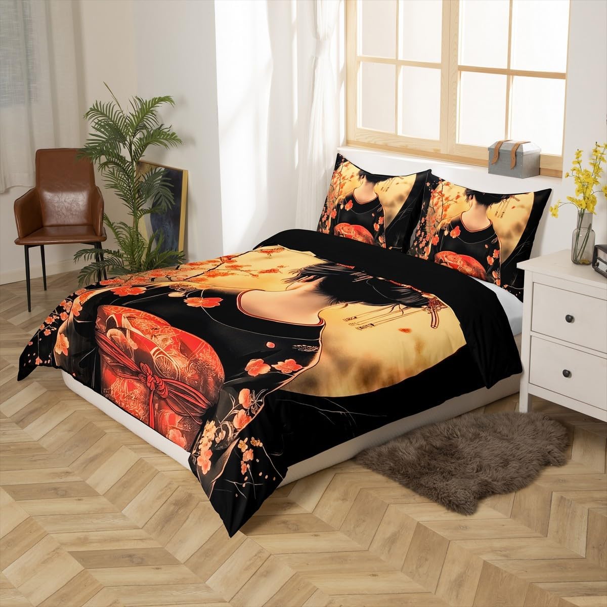 jejeloiu Japanese Style Bedding Duvet Cover Set Toddler Size Japanese Ukiyoe Bedding Set for Kids Boys Girls Decor Traditional Retro Theme Comforter Cover Set Japan Bedspread Cover,No Comforter