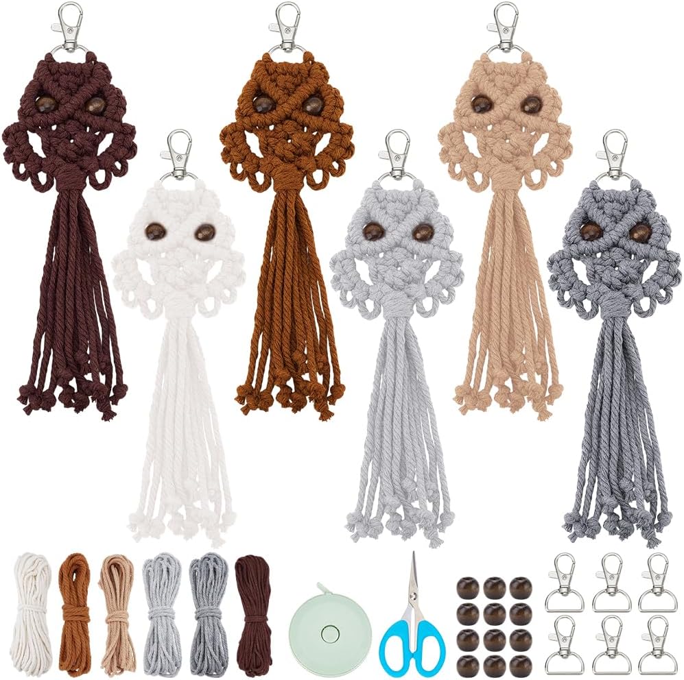 ACRNIGHEET 6PCS Owl Macrame Keychain Kit for Adults Beginners Owl Boho Macrame Keychain Craft Kits DIY Gift Idea Kits for Adults Purse Phone Bag Includes Step-by-Step Video Tutorials