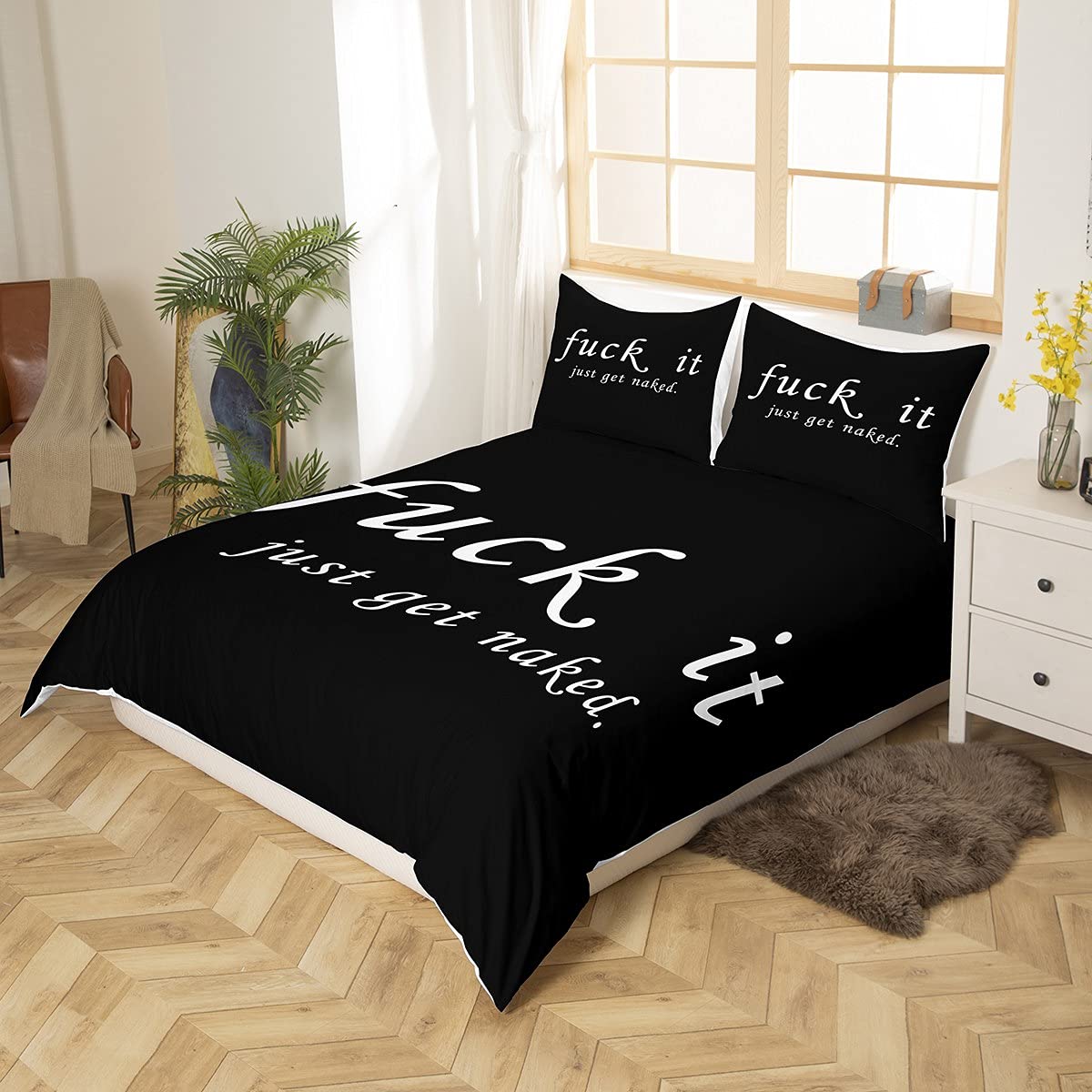 Loussiesd Set di biancheria da letto con citazioni divertenti Get Naked Comforter Cover per coppia amante uomo donna romantico copripiumino bianco e