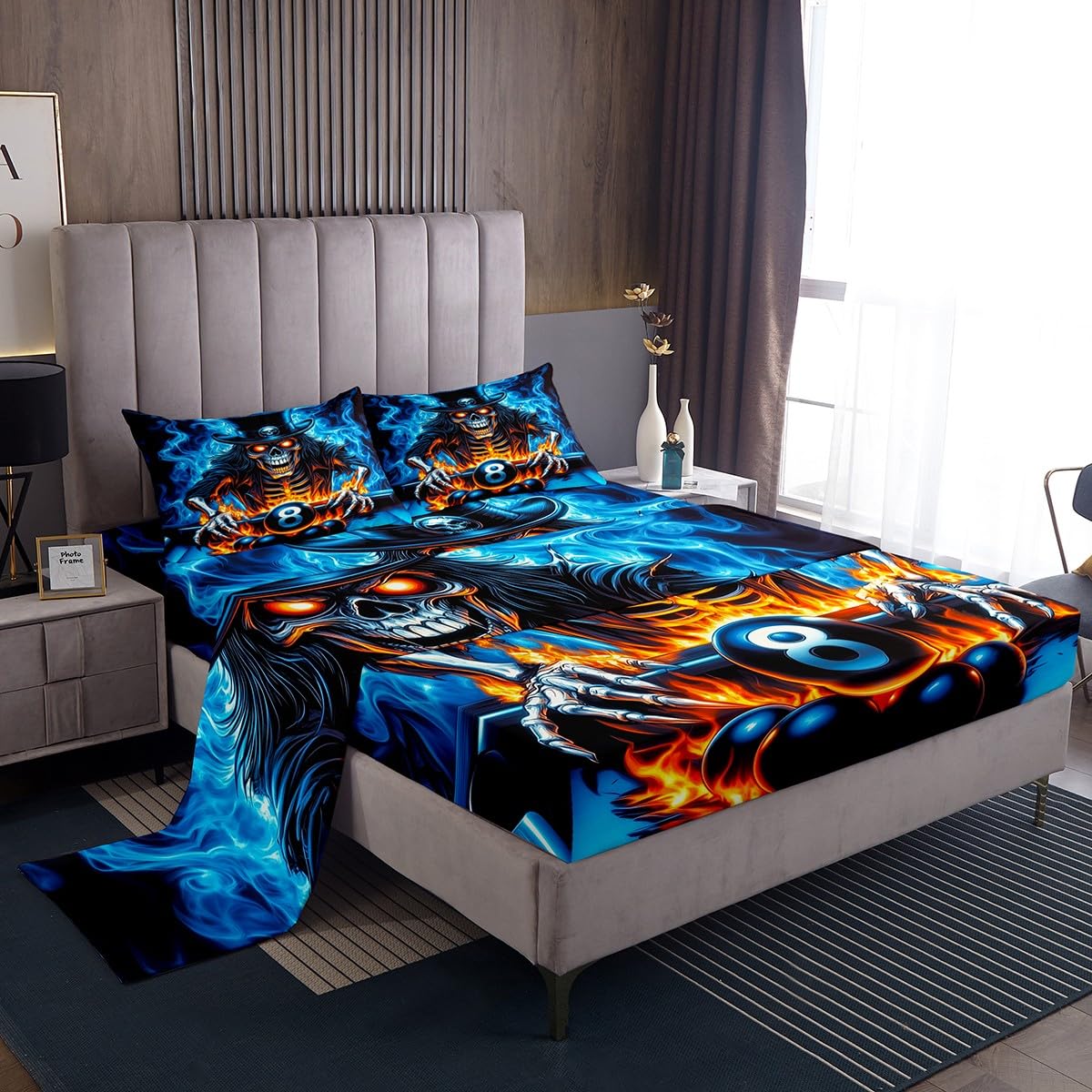 Homewish Zestaw pościeli z czaszką z cukrową czaszką podwójne w stylu science fiction gotyckie prześcieradła fajny basen 8 piłek pościelowych - kule bilardowe gotyckie prześcieradła zestaw 4 szt