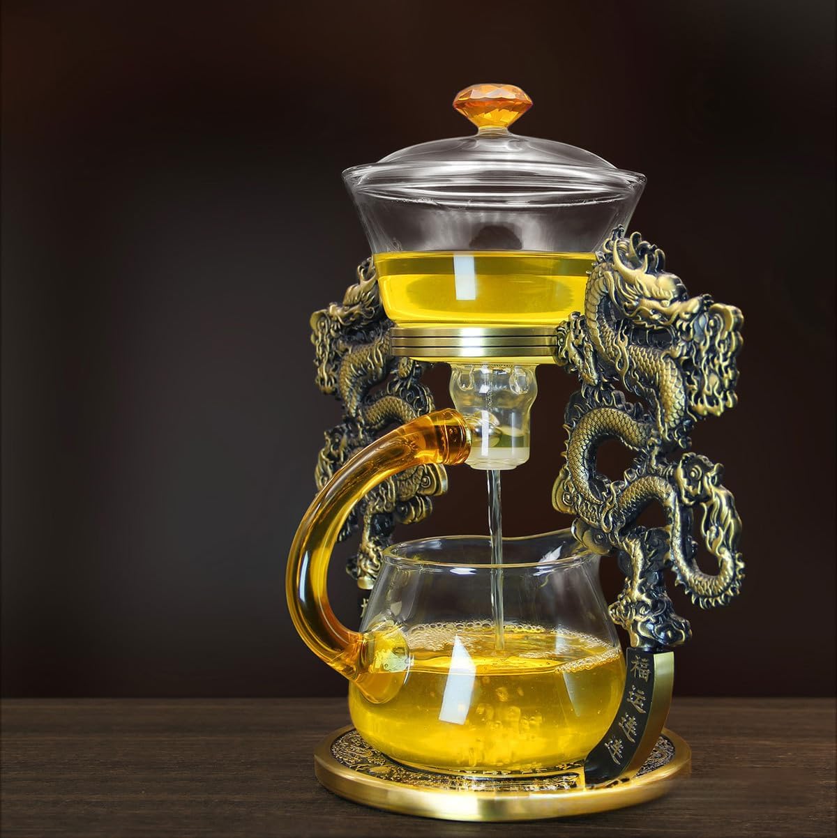 Semi Automatic Drip TeaPot, Lazy Kung Fu Glass Magnetic Tea Set, Pure Copper Heat Resistant Glass Magic Teapot Set, Suitable for home/office Reception Tea Set, Perfect for Holiday Gifts