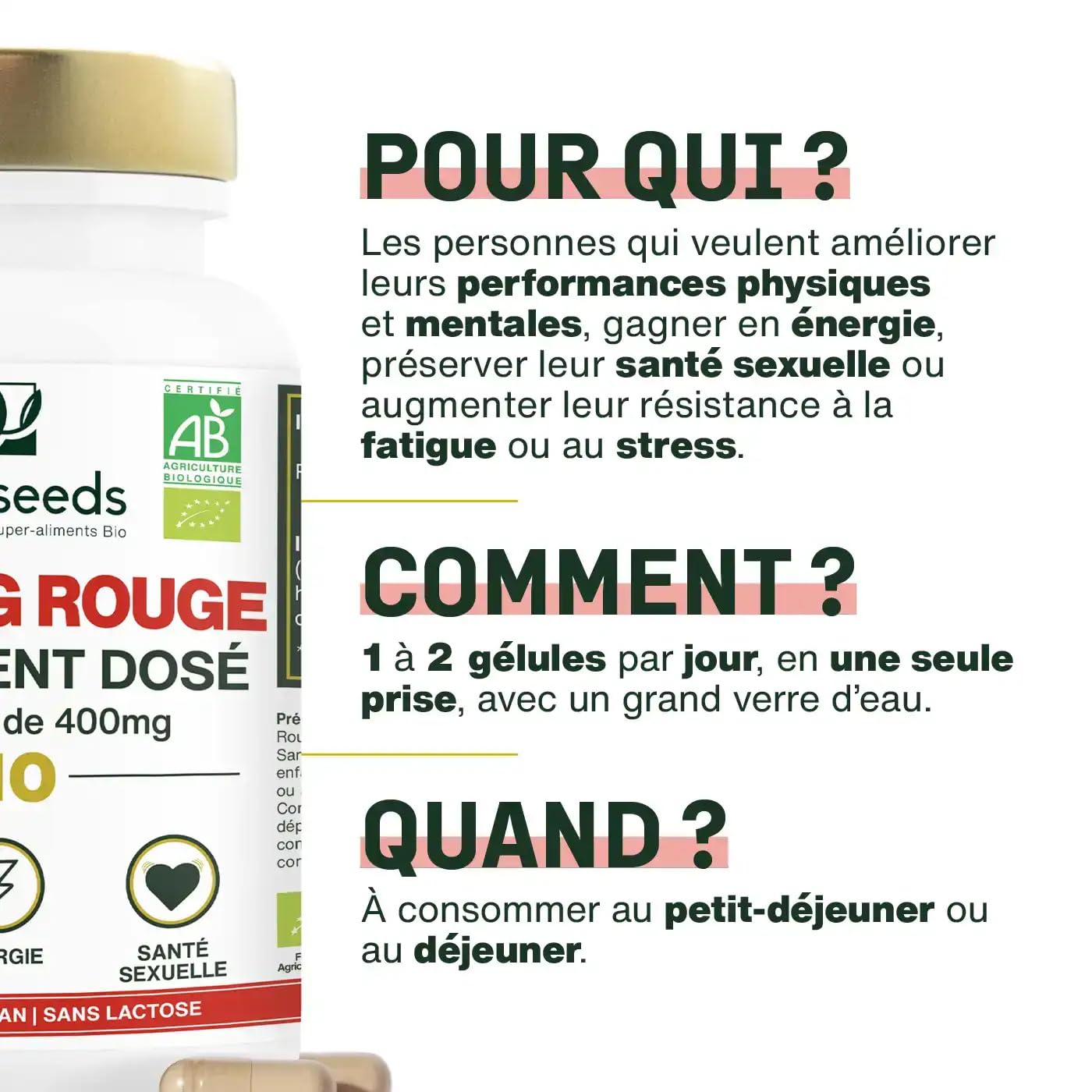 Panax Ginseng Rouge BIO de Corée | Extrait haute concentration | Énergie, Vigueur, Anti-stress, Concentration | 60 gélules de 400mg | Qualité Supérieure