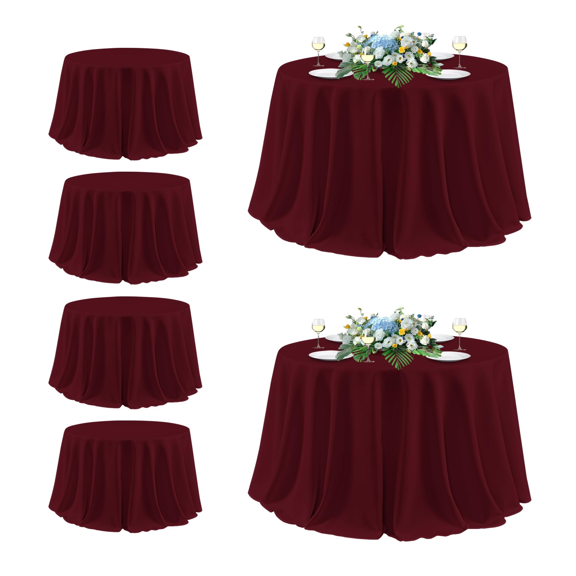 sancua Round Tablecloth 132 Inch Fit 54-96 Inch Tables, 6 Pack Burgundy