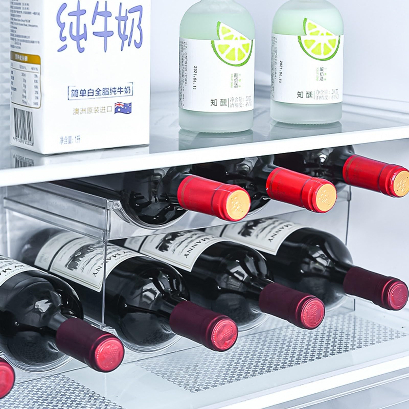 Soporte transparente para botellas de vino, organizador de latas para armario y cocina, organizador de almacenamiento de botellas de agua, estantes apilables de plástico de 2 niveles.