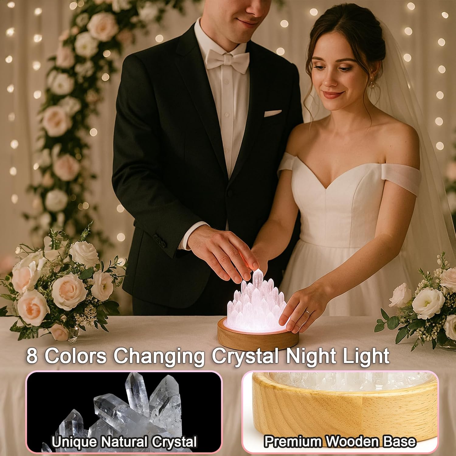 クリアクォーツナイトライト - ヒーリングクリスタルナイトライト ナチュラルクリスタル ベッドサイドランプ 木製ベース USBポート