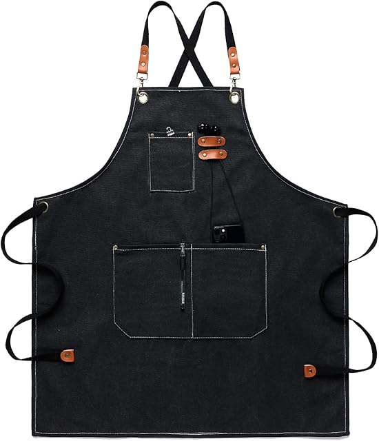 Canvas Work Aprons for Men with Pockets,Adjustable Strap and Large Pockets Apron,Kitchen Cooking Baking Chef Apron