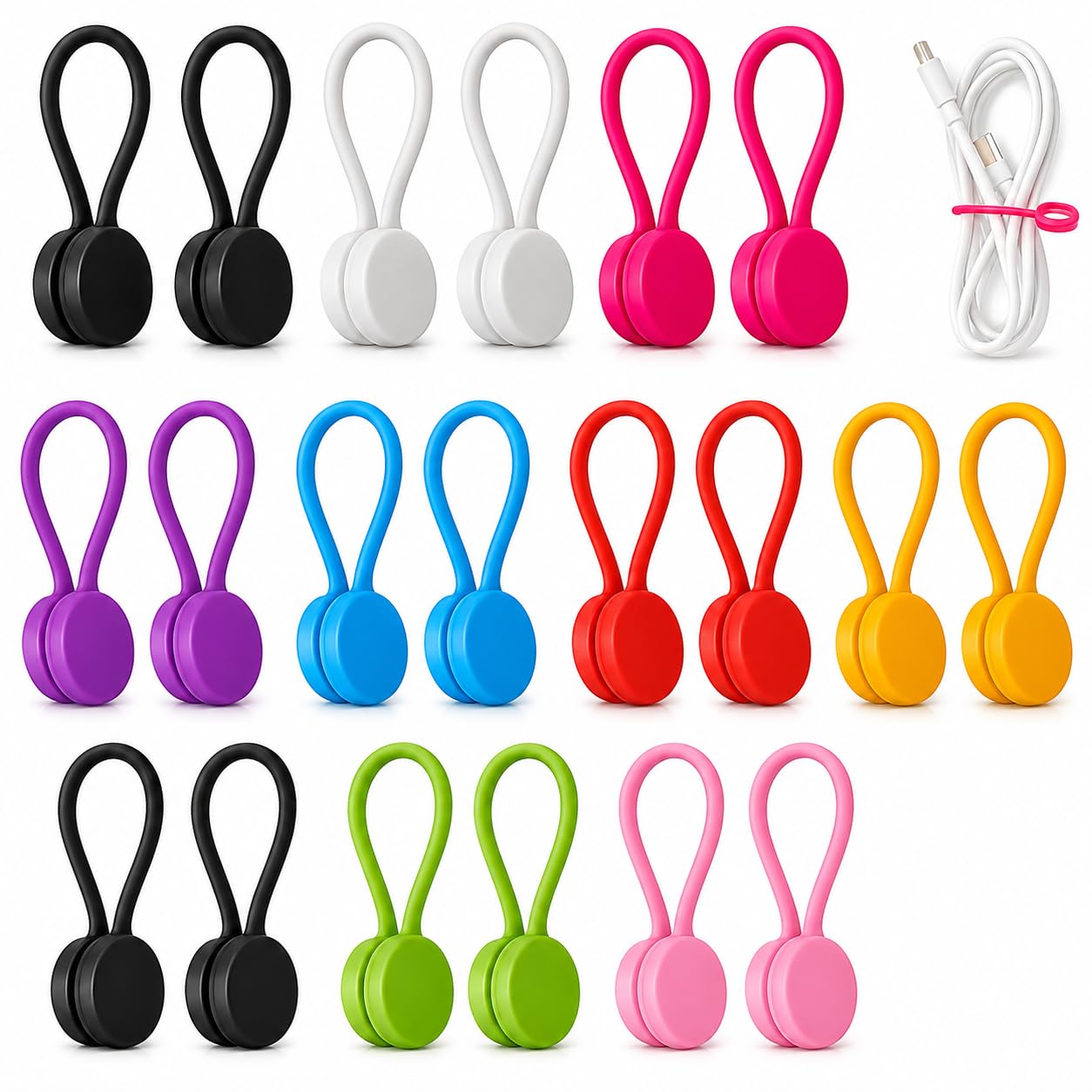 20 Pack Reusable Magnetic Cable Ties for Cable Management, Silicone Stretchable Cord Organisers with Dual-End Magnets, Multi-Functional Straps for USB Leads, Headphones, Home Office Storage and House