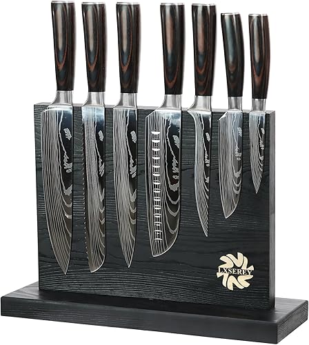 Juego de cuchillos con bloque para cocina, 7 cuchillos de cocina forjados a mano y soporte magnético con mango ergonómico, perfecto para chefs