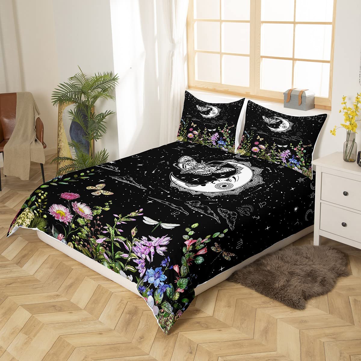 Homewish Boho Sun And Moon Moth Bedding Set Galaxy Black White Comforter Cover Gothic Sugar Skull Moth Duvet Cover Botanical Plant Floral Bed Set Dragonfly Rural Pastoral Style Room Decor King - Image 3