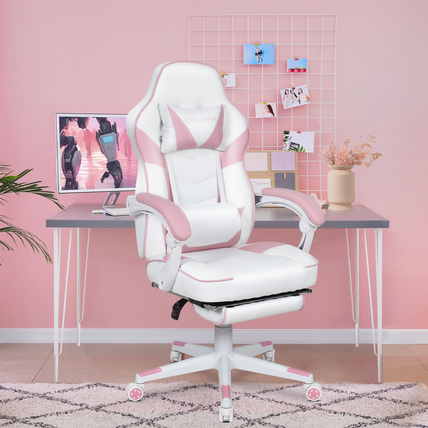 YU YUSING Sedia Gaming Massaggiante, Ergonomica, Altezza Regolabile, Supporto Lombare e Poggiatesta, Pelle PU con Poggiapiedi Retrattile, Rosa