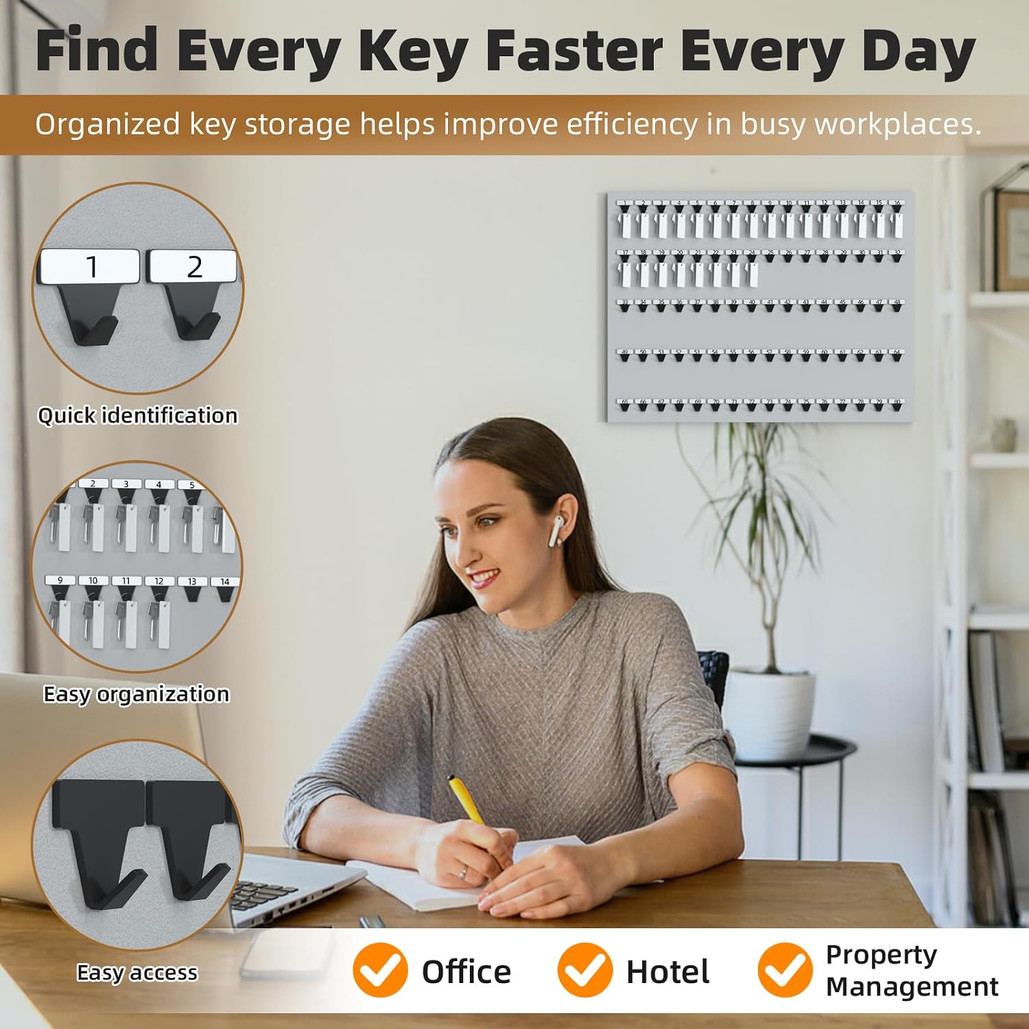 80 Hooks Key Rack, Key Hook with Wide Spacing, Wall Mount Key Holder Rack with 80 Tags, Rings and Labels, Key Storage Organization, Hanging Board for Car Dealer, Office, Hotel, School, Gray Melamine image 5