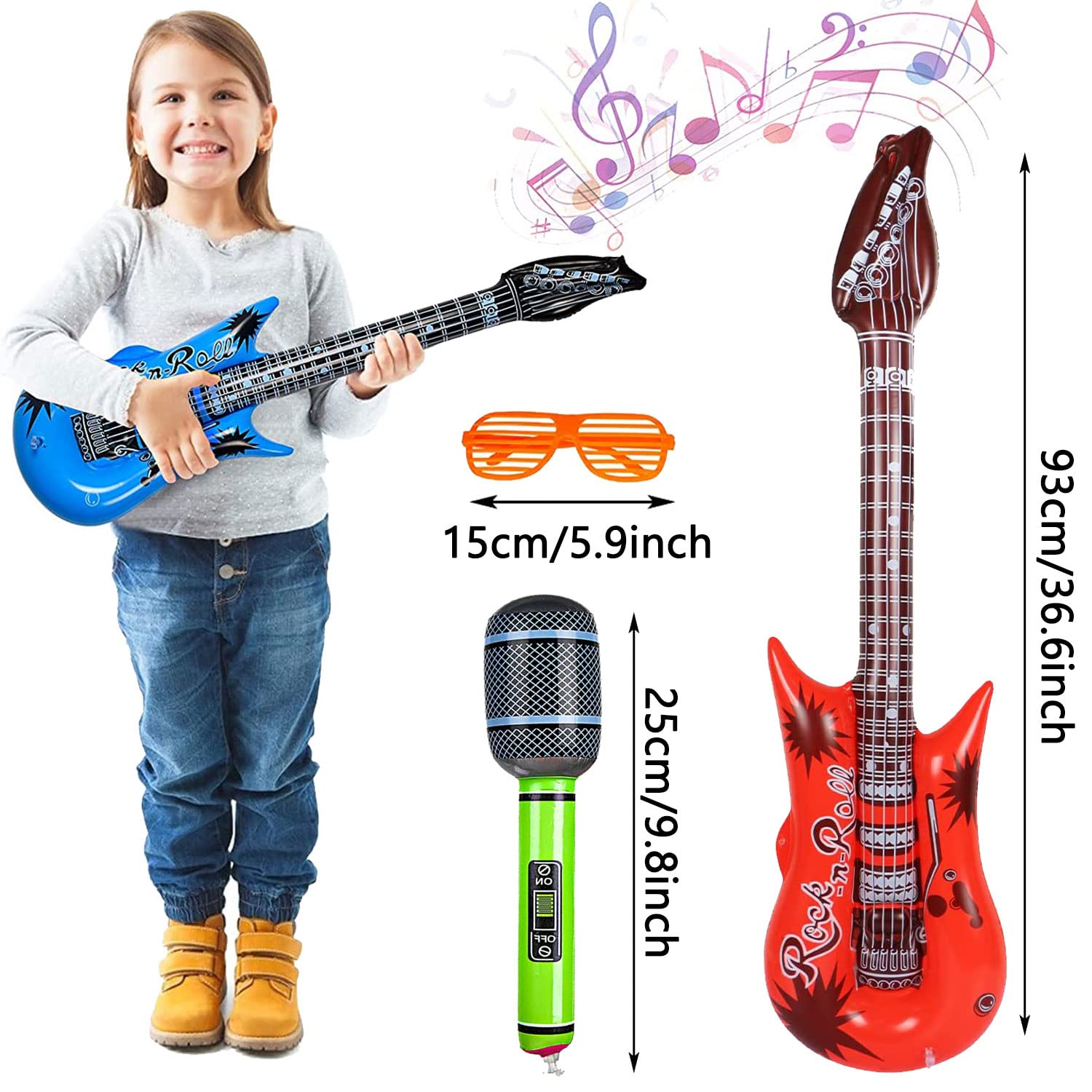 9 Piezas Juguete de Instrumentos Inflable de Gran tamaño,Incluye: 2 x Guitarra Inflable (93 cm), 3 x micrófono Inflable (25 cm), 3 x Gafas.