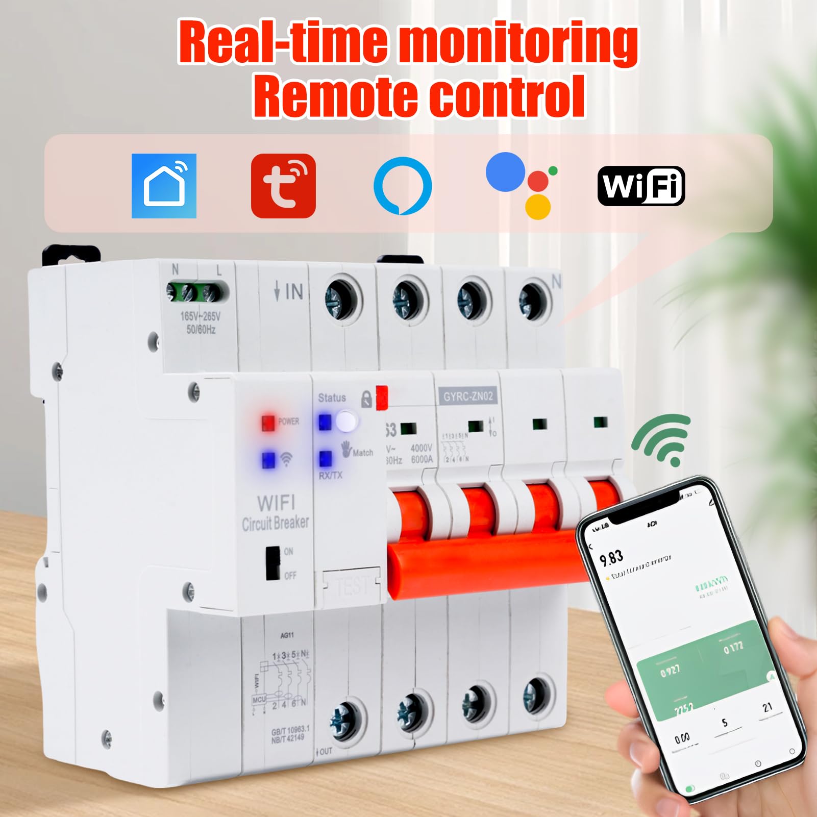 Jadeshay Disyuntor Inteligente WiFi,4P 63A Interruptor Inteligente Rearme Automatico Interruptor Magnetotermico con Protección contra Sobretensión Sobrecarga,WiFi Control Remoto via Tuya o Smart Life