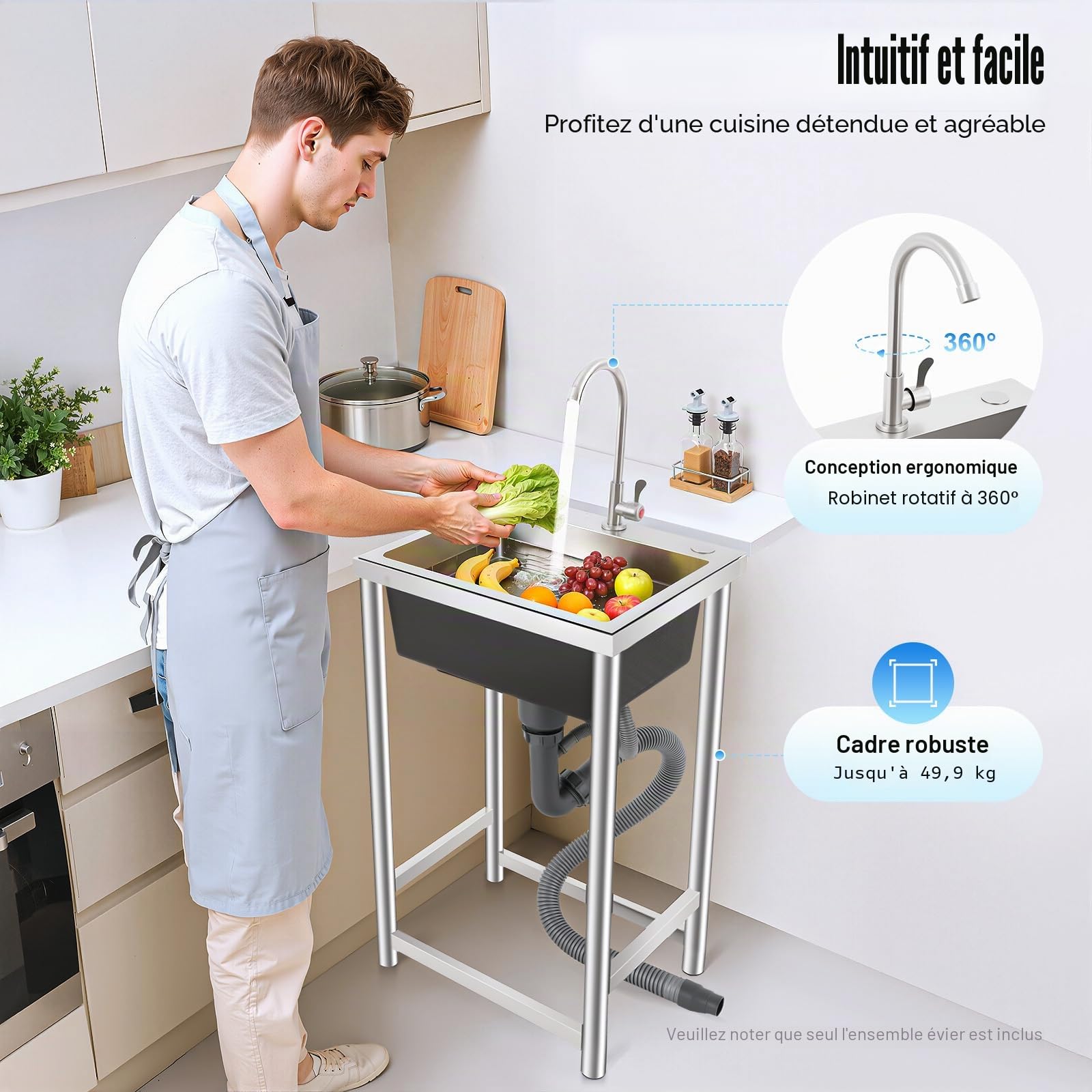 Évier de cuisine en acier inoxydable Évier autonome, évier de cuisine en acier inoxydable avec robinet 360° Évier commercial, évier extérieur avec 1 bac, 45 x 41 x 75 cm, capacité de charge
