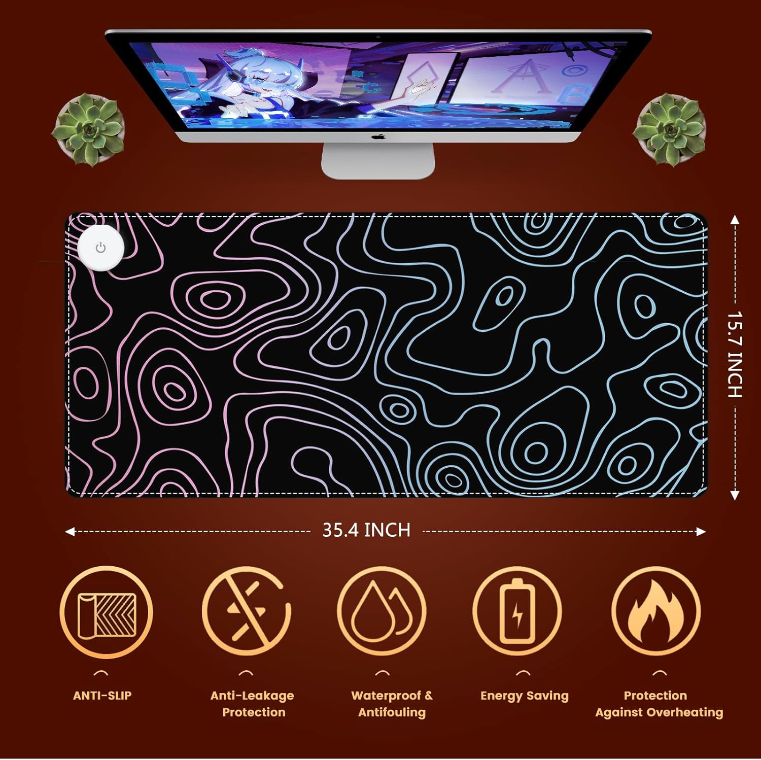 iLeadon Heated Mouse Pad, Heated Desk Mat, Electric Warm Desk Pad with 4 Heating Levels & 4 Auto Shut-Off Levels, 35.4" x 15.7" Large Safe Desk Mat Hand Warmer for Home Office Work, Black Topographic