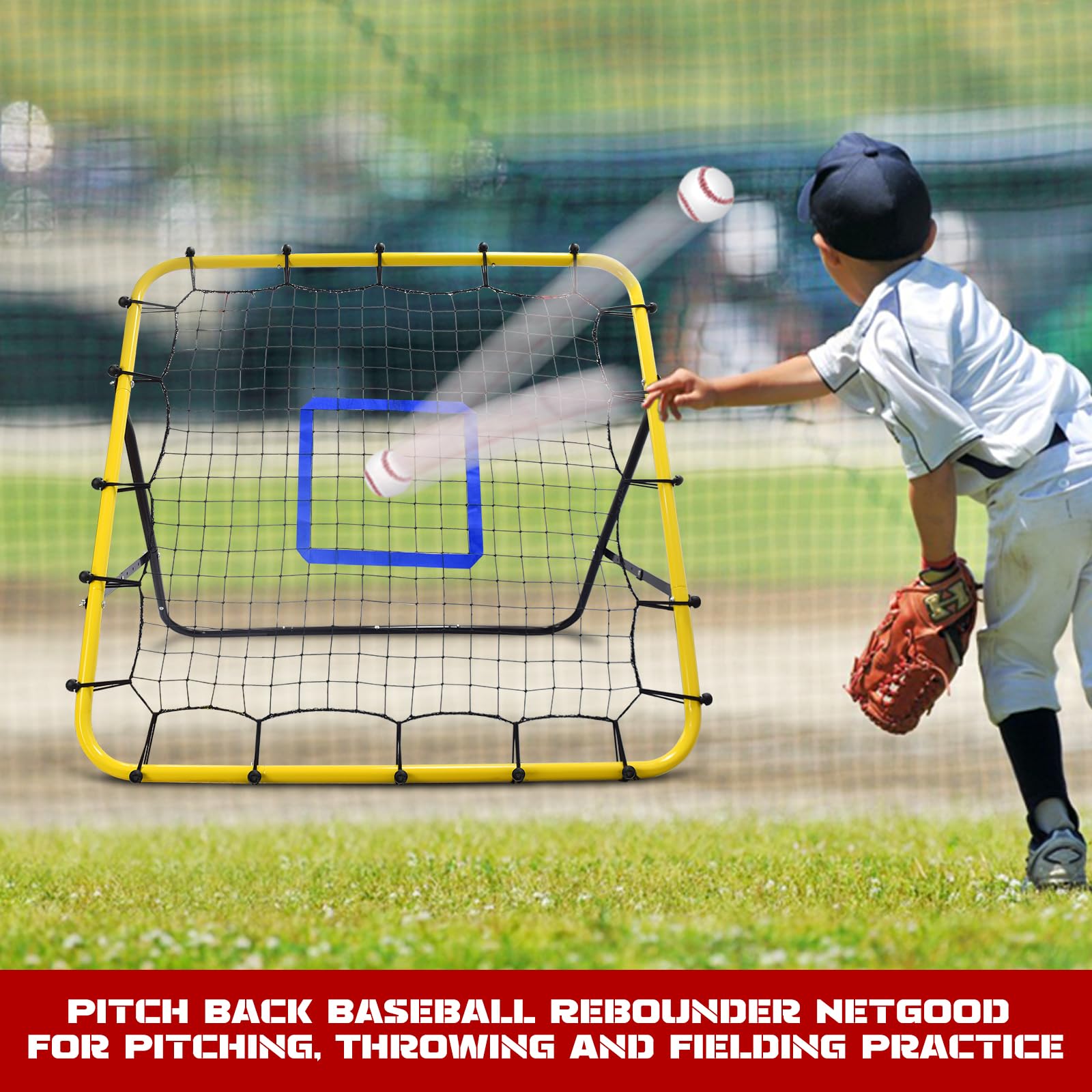 Eastgoing Filet de rebond de baseball et de softball, 0,9 x 1,9 m avec cible de lancement, filet de rebond multi-angle pour rebond de volleyball, rebond de football