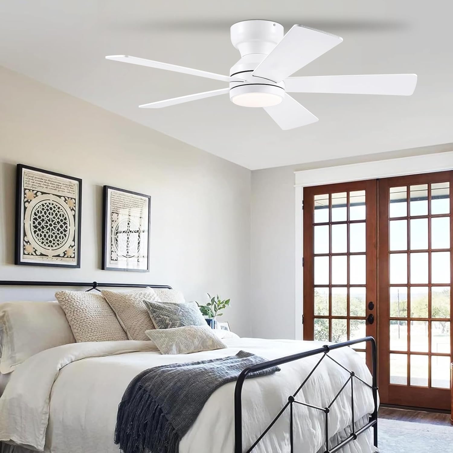 BYKISTOK 46" Flush Mount Ceiling Fan with Lights - White Modern Fan Light with Reversible Mute Motor, 3CCT Dimmable, Wind Speeds Adjustable, Low Profile Light Fixure for Indoor Use, Bedroom