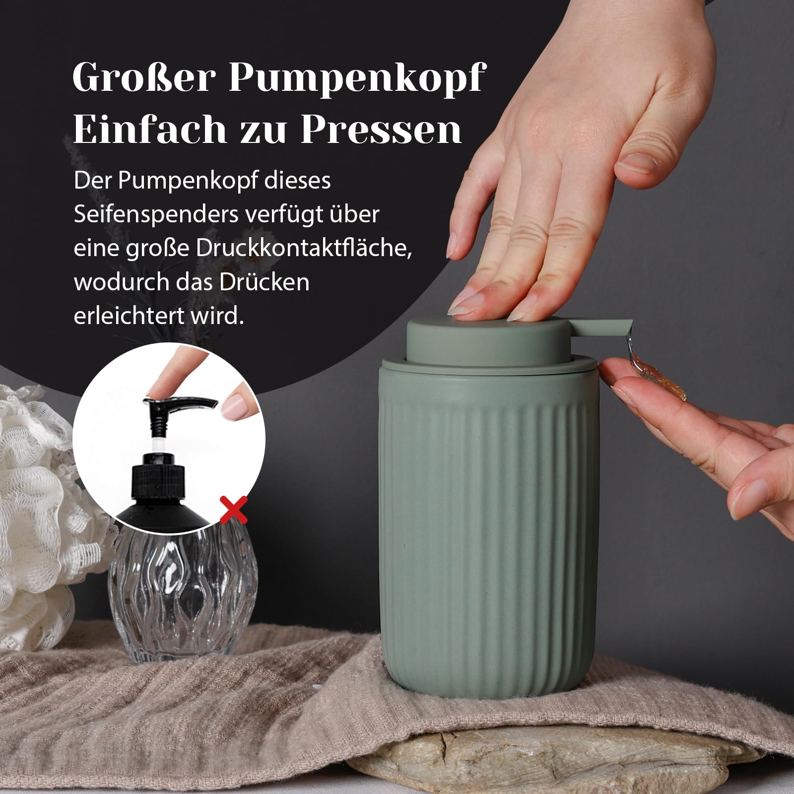 IDesign Keramik Seifenspender | Nachfüllbarer Pumpspender Für Bad & Küche | Rutschfeste Füße | In Grün