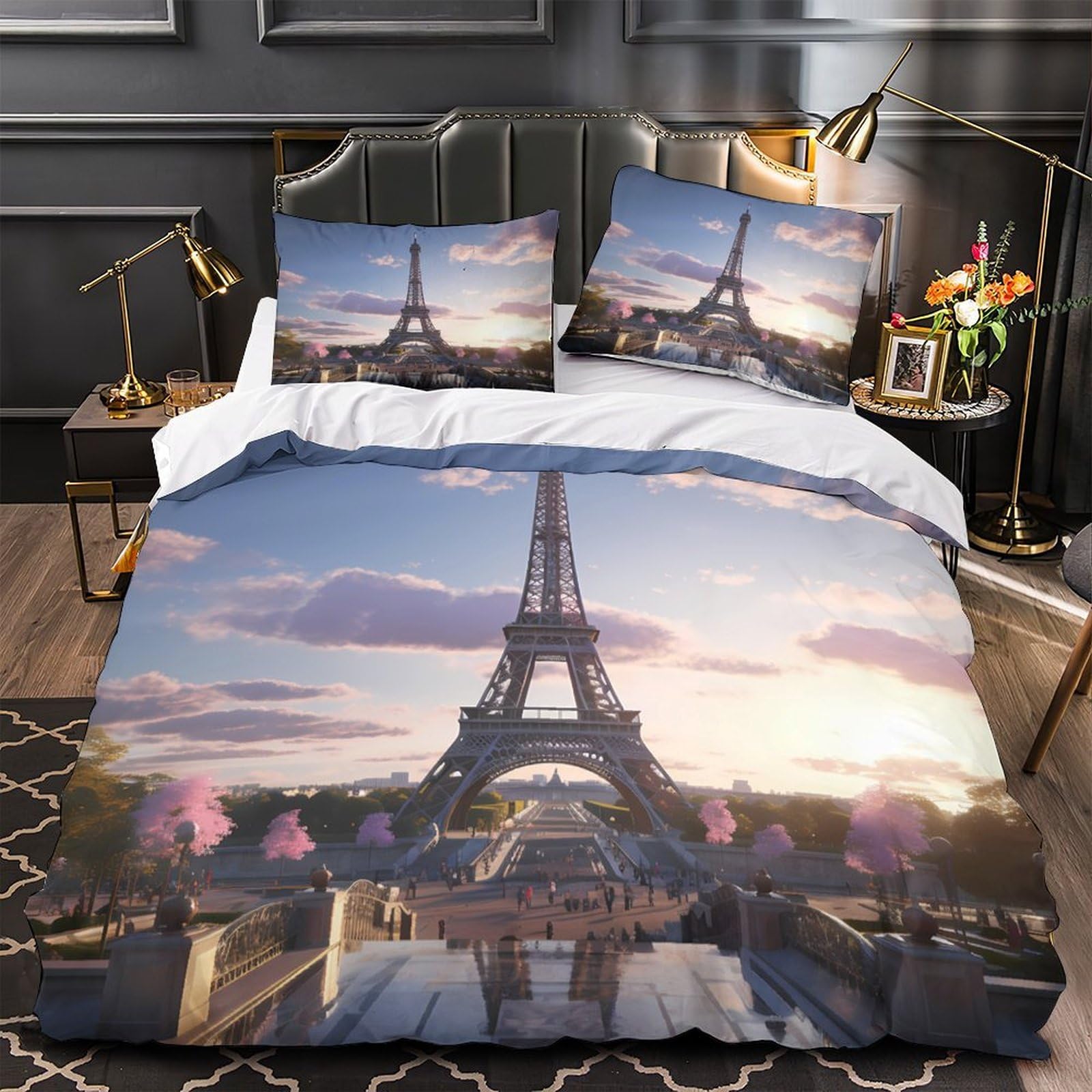Parure de Lit Tour Eiffel 3D en Microfibre Anti-Décoloration pour Lit King Size 220x240