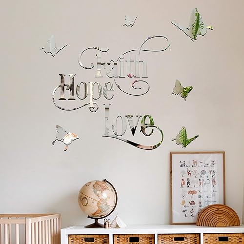 Miniatura 3 de Adhesivos de pared de espejo acrílico 3D de Faith Hope Love, superficie de espejo de mariposa HOLENGS despegar y pegar, calcomanías de pared de