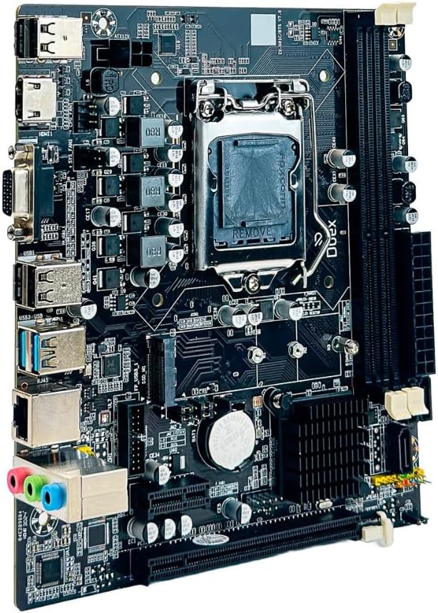 Angled view of the Duex DXMBB75S M2 motherboard, highlighting the rear I/O ports including HDMI, VGA, USB, and LAN.