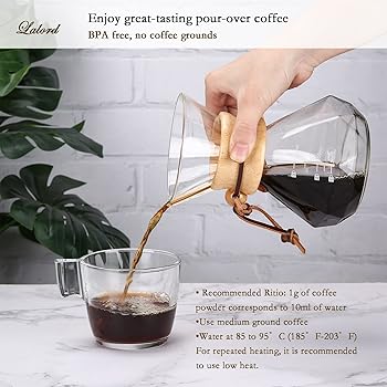 Lalord Cafetera de Goteo con Filtro de Acero Inoxidable Reutilizable, Jarra de Café de Vidrio de Borosilicato, Collar de Madera, Capacidad Para 2 tazas, 13.5 oz/400 ml4