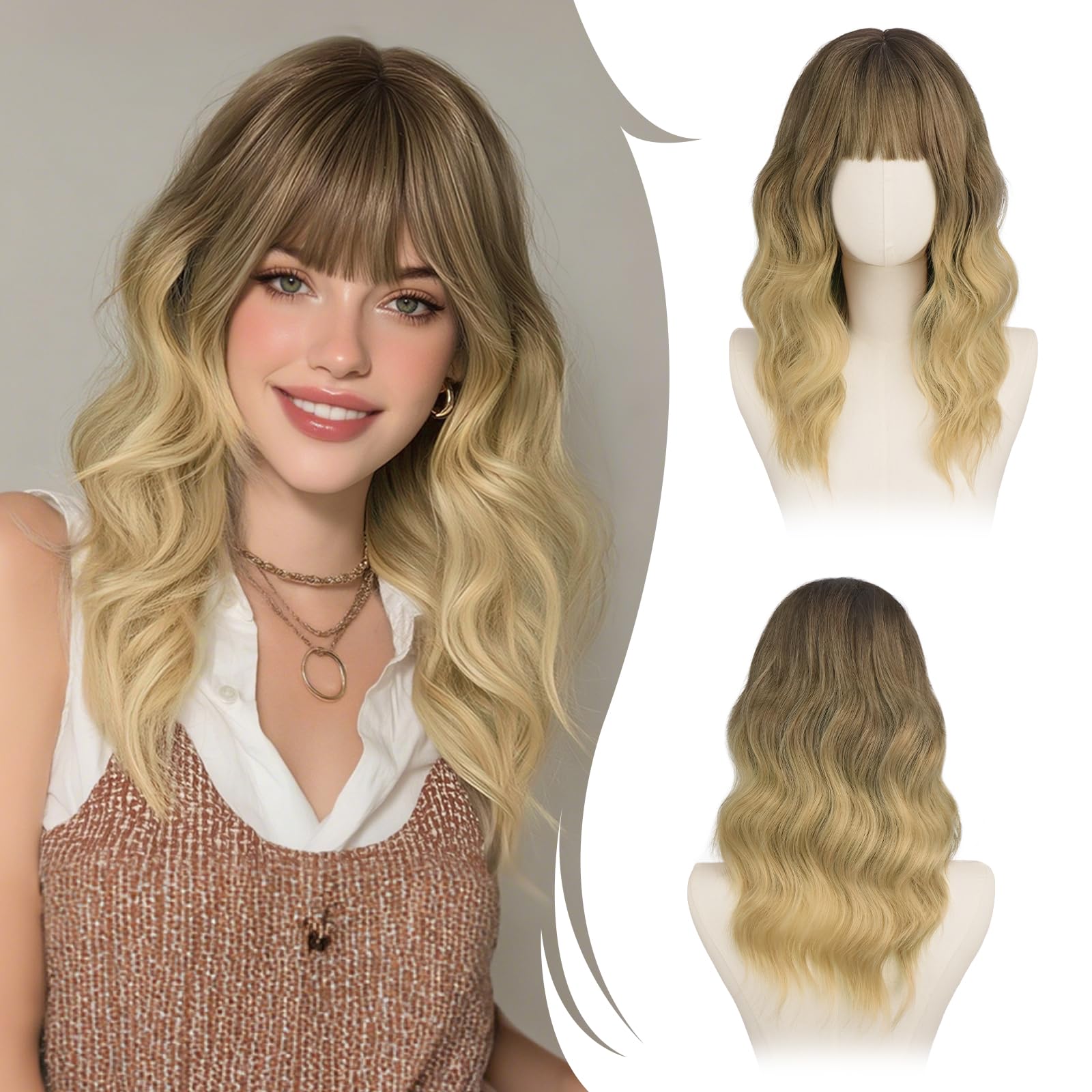 RUWISS Peluca Verde Apagado Ondulada con Flequillo para Mujer, 50 cm Shoulderlongitud Peluca de pelo Sintético en Capas Pelucas con Volumen Natural para Diario y Fiesta — view 8