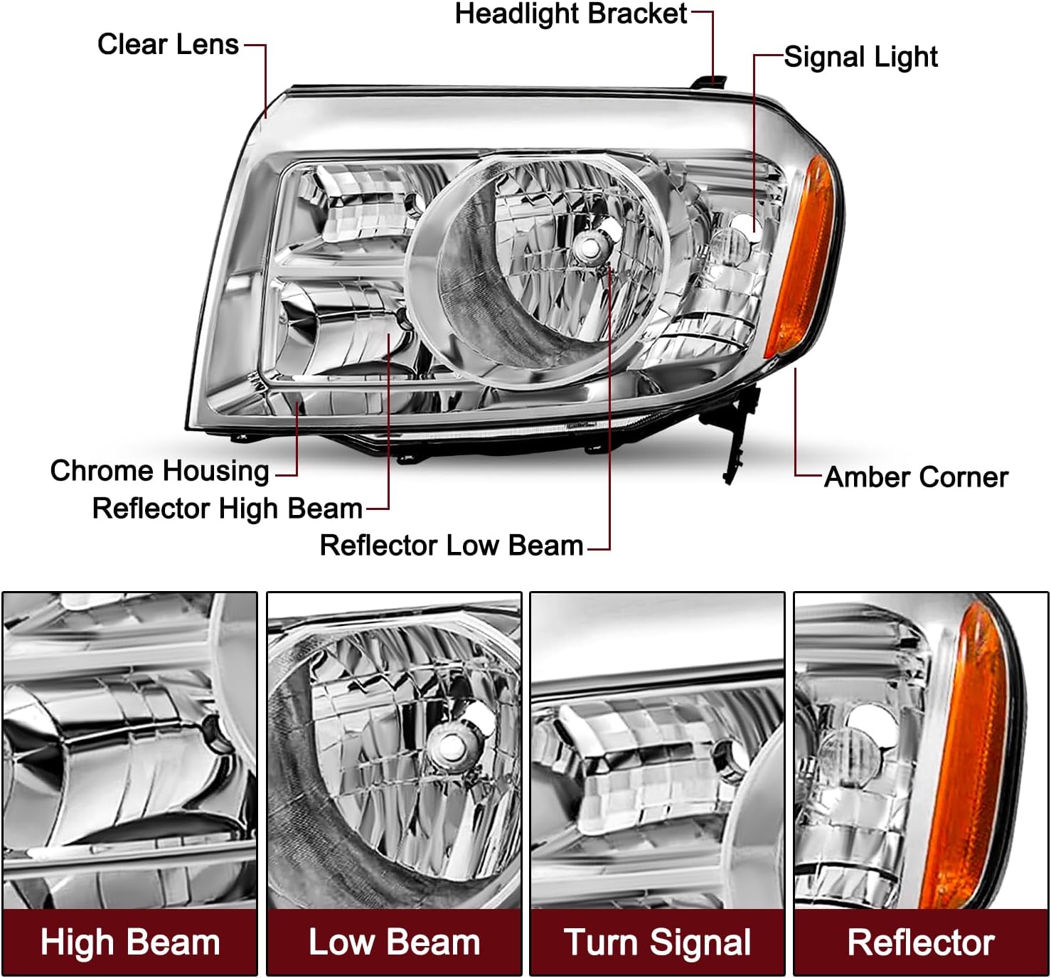JSBOYAT Headlight Assembly Replacement Pair for 2009 2010 2011 Honda Pilot Factory Halogen Headlamp Chrome Housing with Amber Reflector (Driver and Passenger Side)