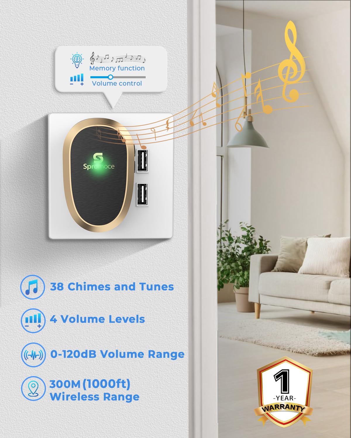 Spromoce Wireless Calling Bell for Home, 1000Ft Long Range Door Bell for Office, IP55 Waterproof Cordless Remote Doorbell with 38 Chimes, 4-Level Volume — Amazon image 2