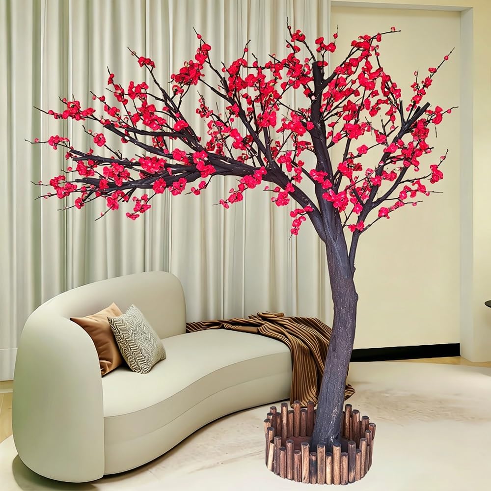 Fake Plum Blossom Tree, Realistic Artificial Red Flower Large Floor Simulation Plant for Home Office Festival Decoration(5M)