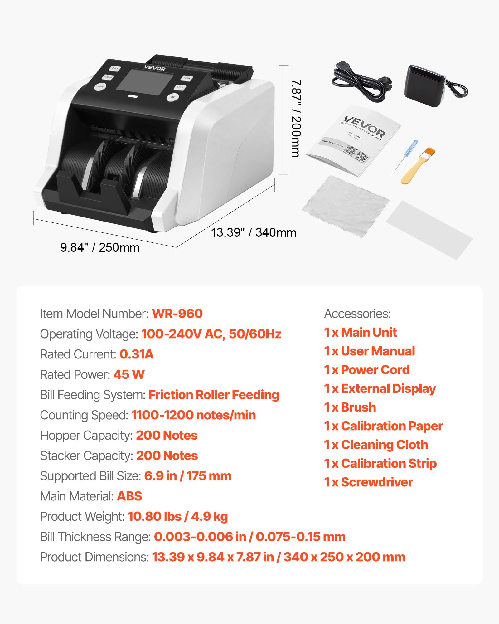 VEVOR Contabanconote Velocità 1200 banconote/min da Banco, Contasoldi con Conteggio del Valore, Rilevamento di Banconote False UV MG IR DD DBL HLF CHN, Display TFT, per Banconote Multiple Valori Misti