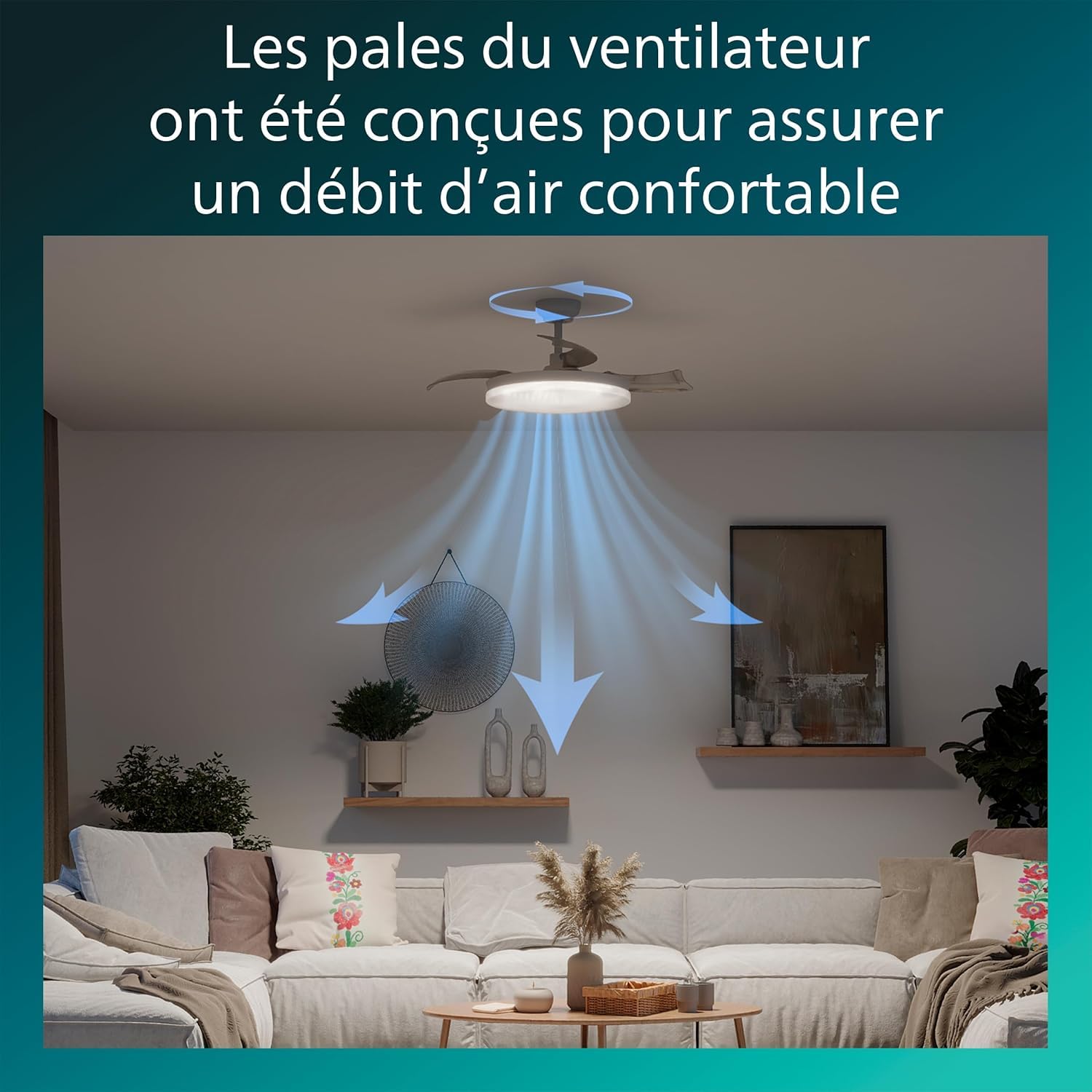 PHILIPS Solr Ventilateur à Pales Rétractables avec LED, 3 Pales, Envergure 106 cm, 4500 Lumens, 3 Nuances de Lumière Blanche (2700 K/4000 K/5500 K), Gradation jusqu'à 10%, avec Télécommande, Blanc